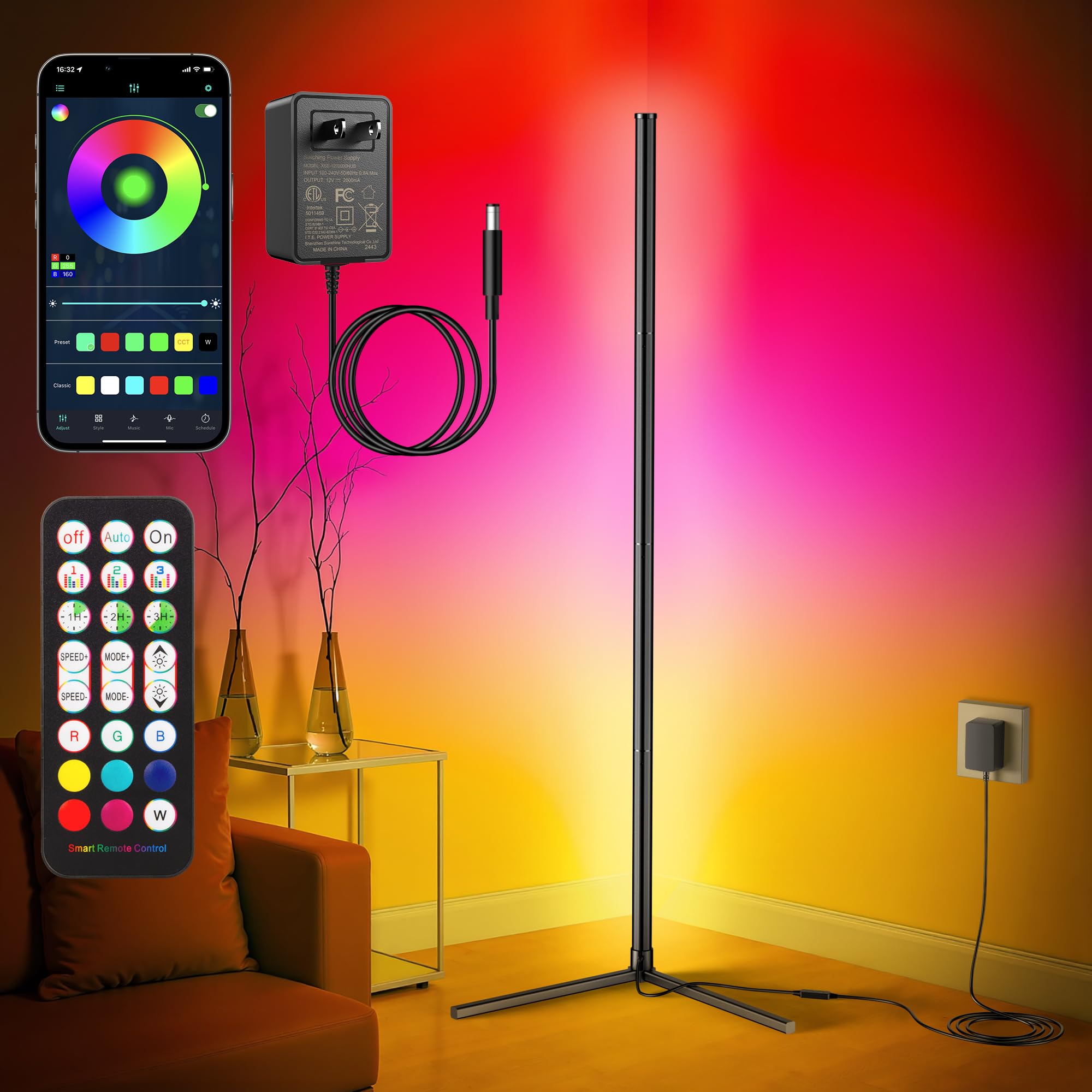 Corner Floor Lamp, Modern Led Corner Lamp With Ac Adapter & App & Remote Control, 16 Million Colors, 68+ Scene Modes, Music Sync