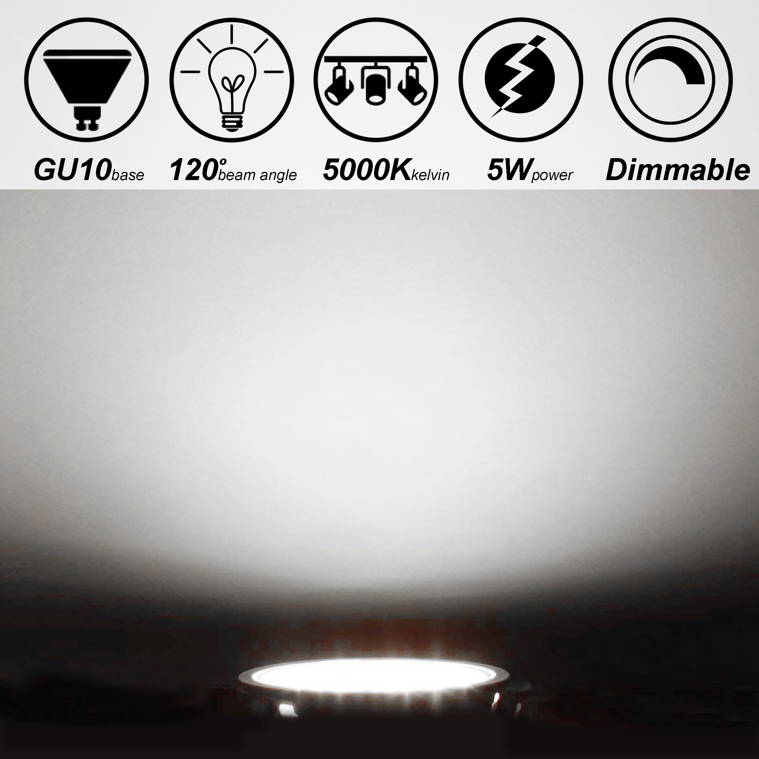 Alide 5W Dimmable Gu10 Led Bulbs 5000K Daylight White,Two Prong Replace Gu10 50W Halogen,120 Degree Flood Wide Beam Angle,Ac120V