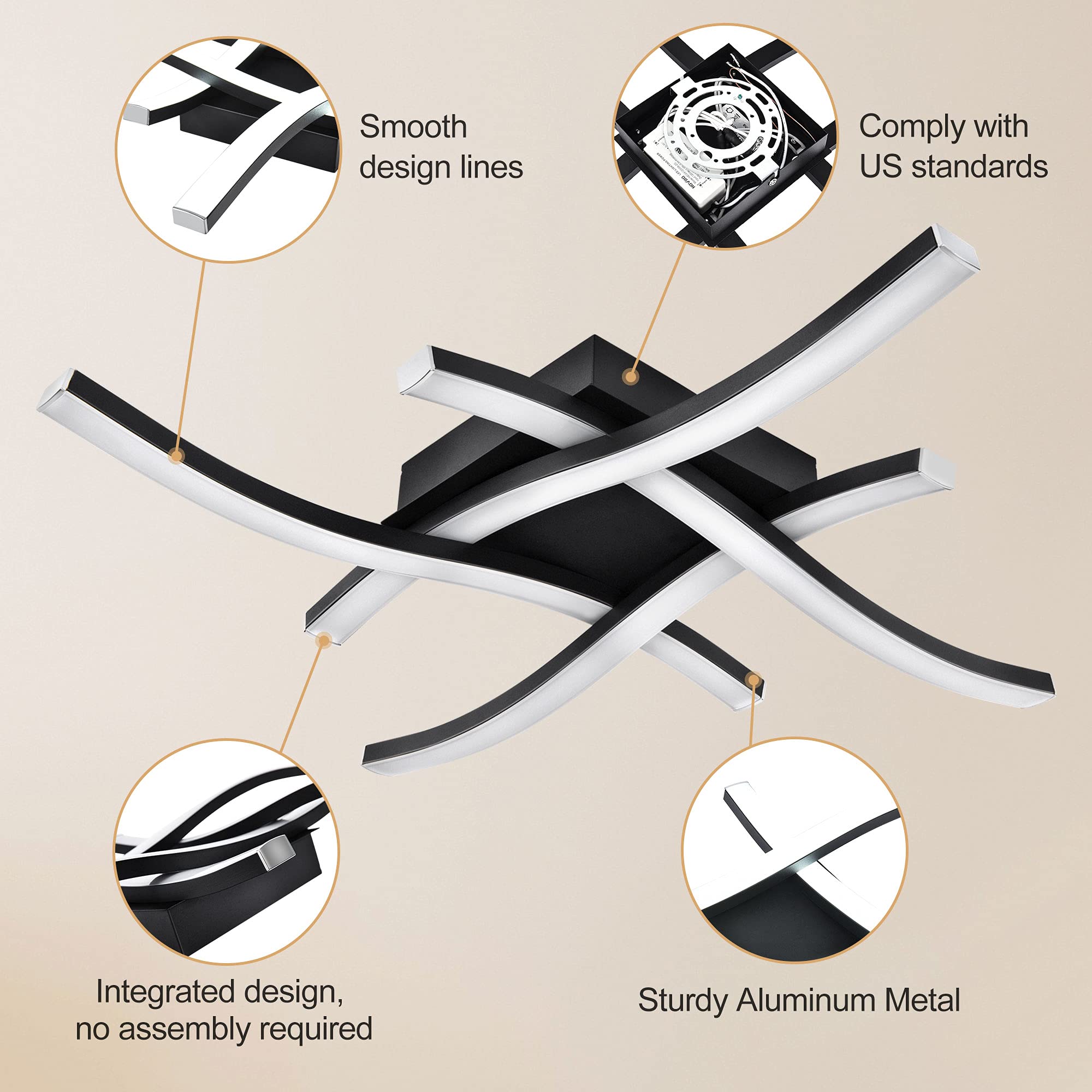 EDISLIVE Modern Dimmable LED Ceiling Light 4-Light 18in Black 3000K Flush Mount Fixture