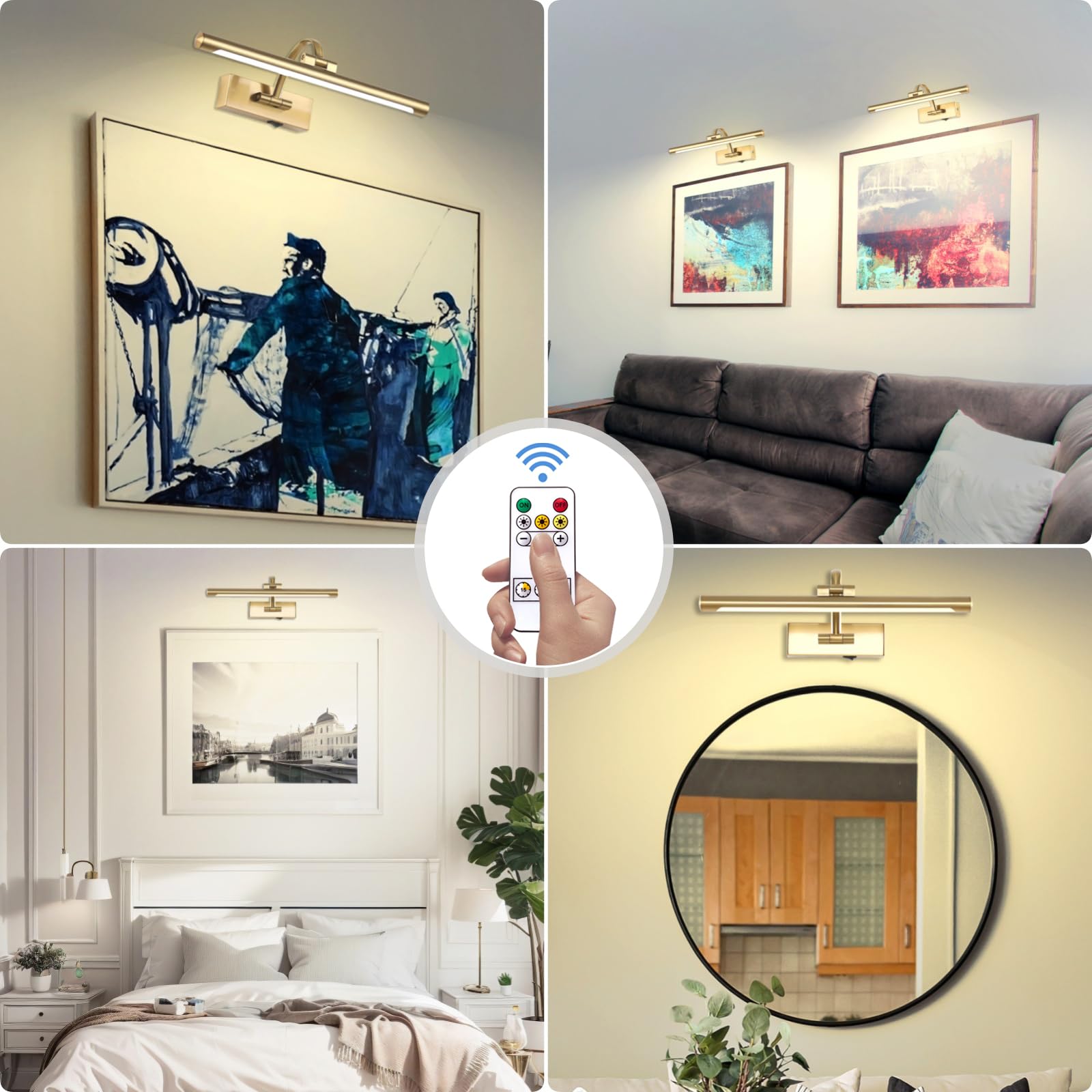 Tassuowell Wireless Picture Light, 15.7" Brass, Dimmable, Battery Operated Art Light with Remote, Model 7115