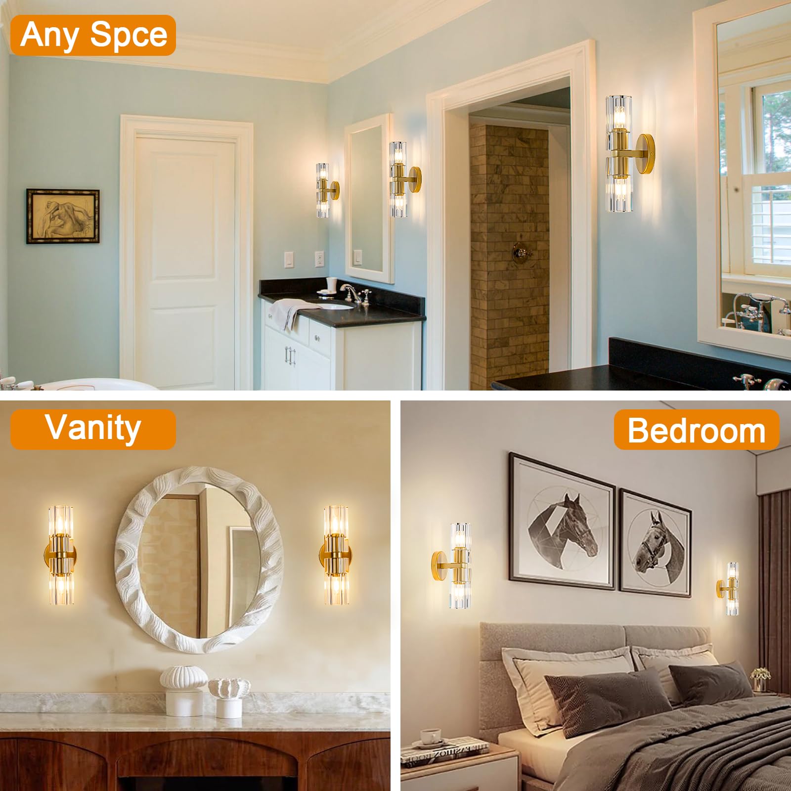 Plsintly Gold Crystal Wall Sconces Set Of Two  Wall Sconce Set Of 2  Brass Sconces Wall Lighting With K9 Crystal Lampshade  Wall Lights For Bedroom Living Room Bathroom Hallway