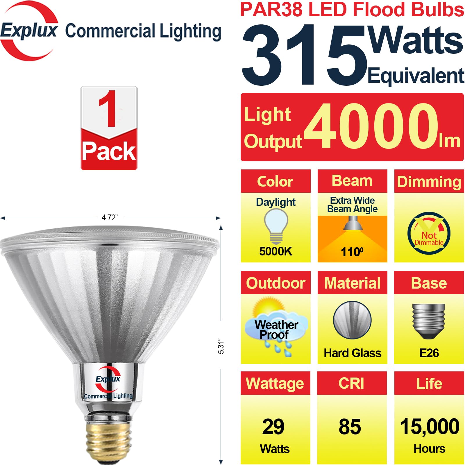 Explux PAR38 LED Flood Light Bulb, 315W Equivalent, 4000 Lumens, 1 Pack, Daylight 5000K, Waterproof, E26 Base