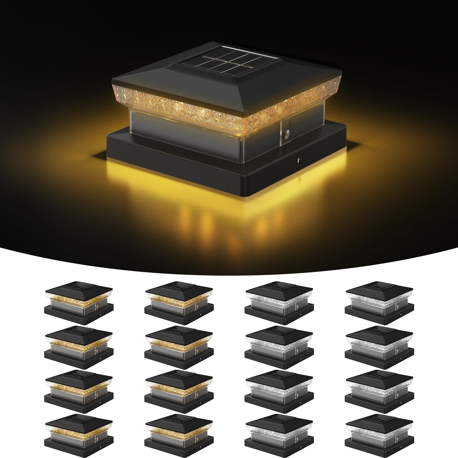 Flyingod Solar Post Cap Light 4x4/5x5 - 16 Pack, Dual Color, 800mAh, 12H Runtime, Auto Dusk-to-Dawn On/Off, Black