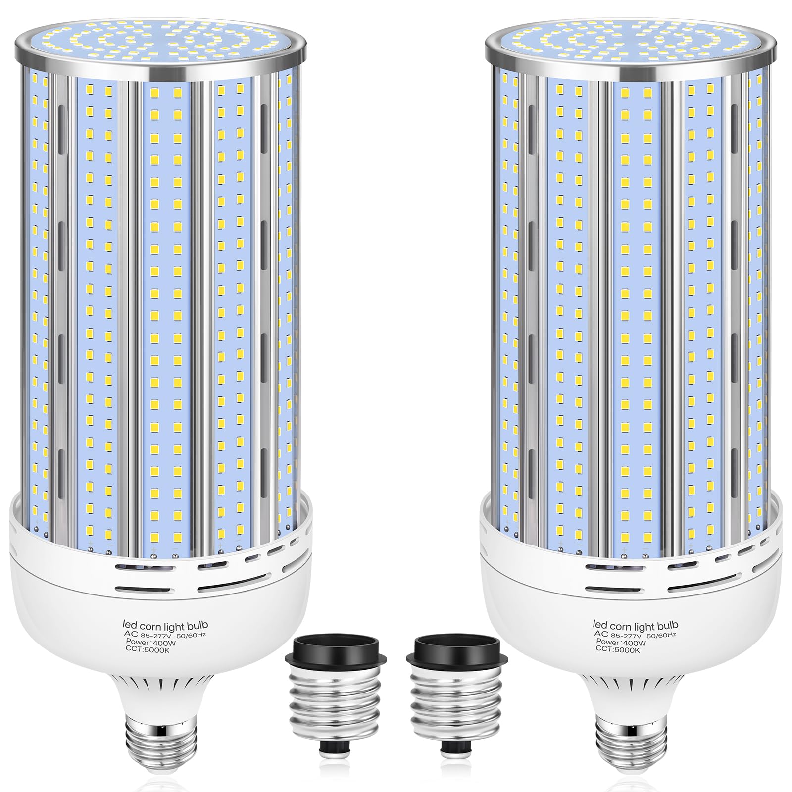 Xycn 2 Pack 400W Corn Led Light Bulb Fanless,5000K Daylight(Eqv.1,200W Mh/Hps/Hid) Non-Dimmable E26/E39 Large Mogul Base Led Cob