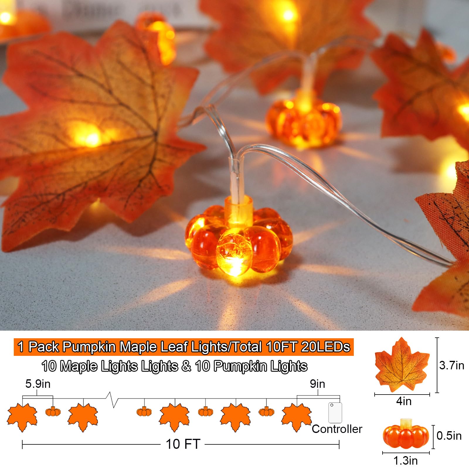 Fall Decorations for Home - Maple Leaf Pumpkin Lights - 10 Ft 20 LED Battery Operated 3D Pumpkin Fall Leaves Garland String Ligh