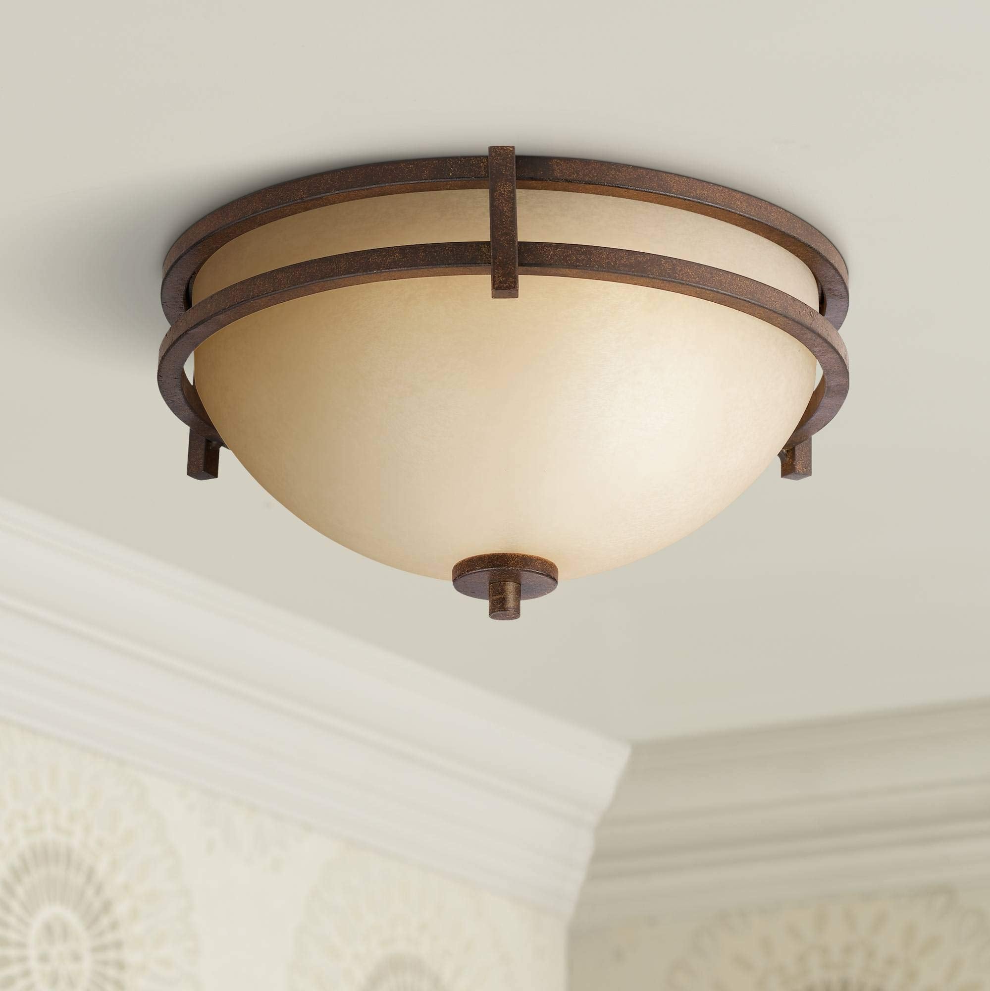 Franklin Iron Works Mission Ceiling Light Flush Mount, 15in Wide, Rustic Bronze, Cream Scavo Glass, Model 07443