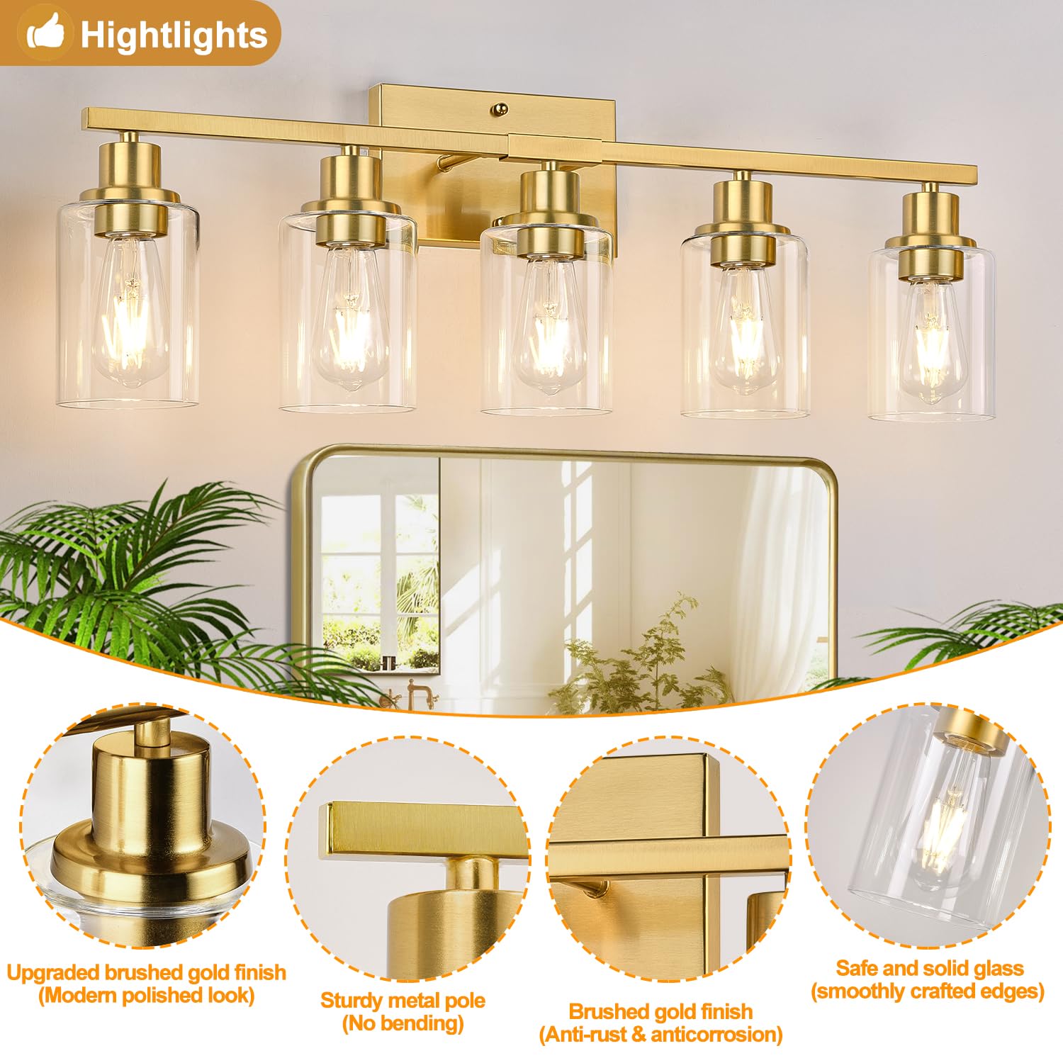Indoi 5-Light Bathroom Vanity Light, Clear Glass Shades, Brushed Gold Finish, Model LTW070