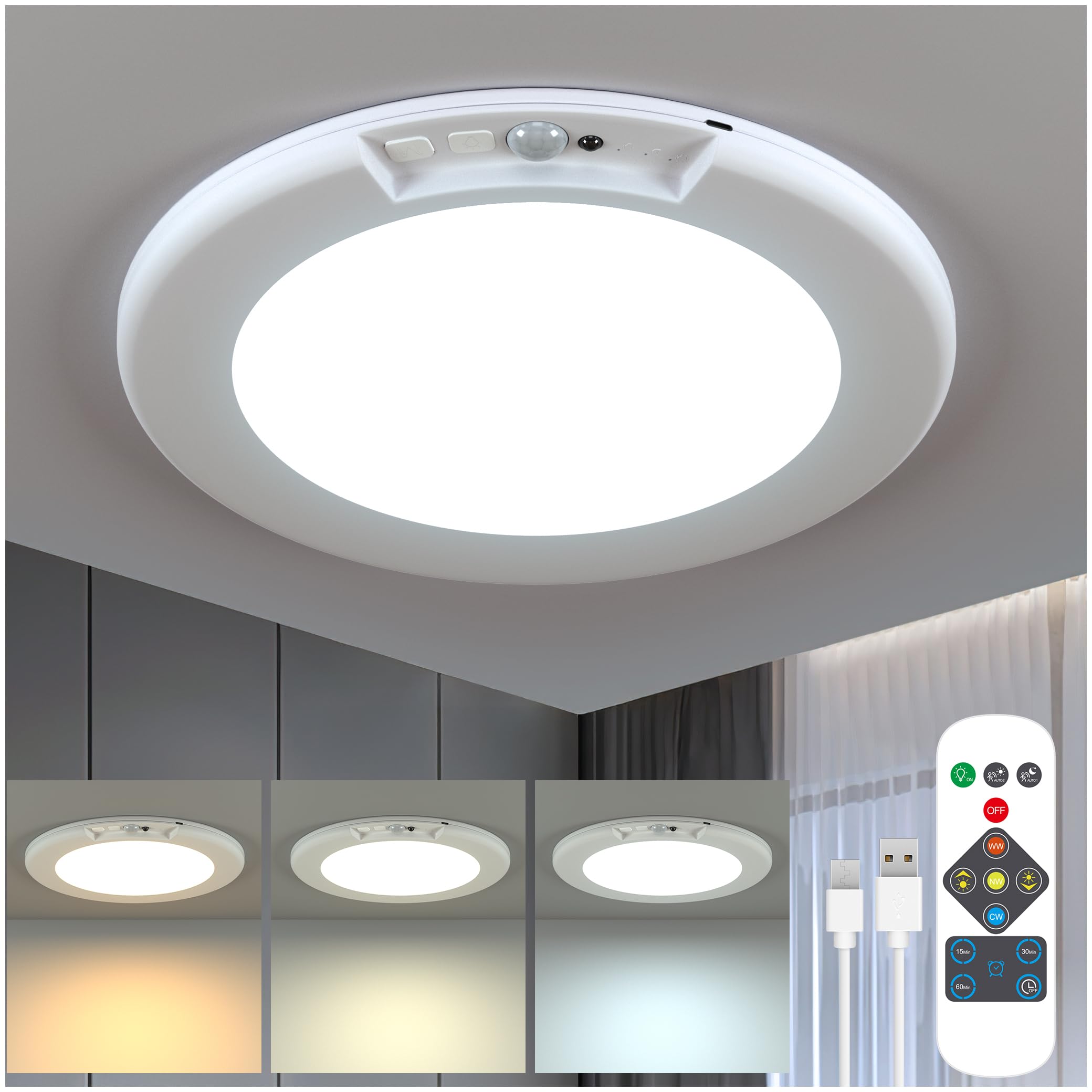 Yurnero Motion Sensored Rechargeable Lights with Remote - Ultra-Thin Magnetic Suction Wireless Ceiling Lights, 400LM Battery Ope