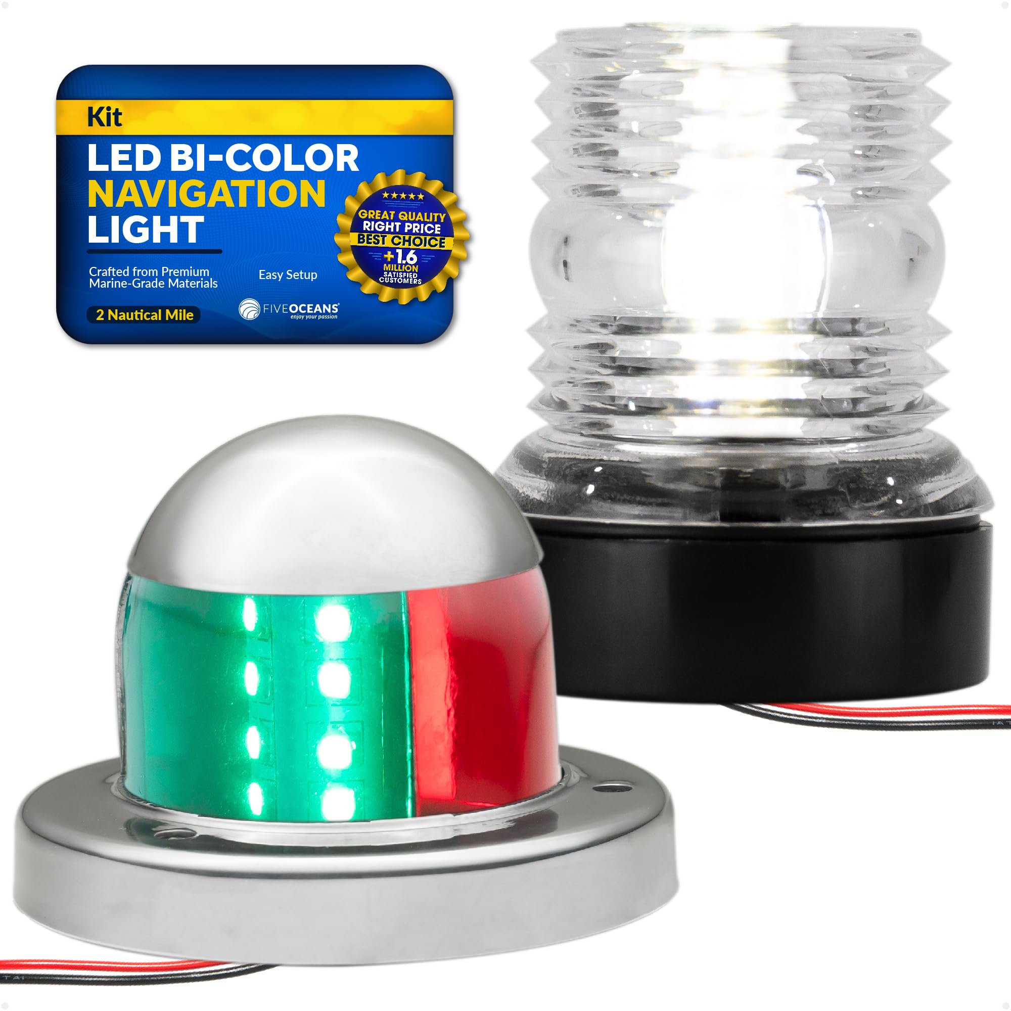 Five Oceans LED Anchor & Bi-Color Navigation Light Kit, 12V, USCG 2NM, Small, Silver, Model 4512-C2