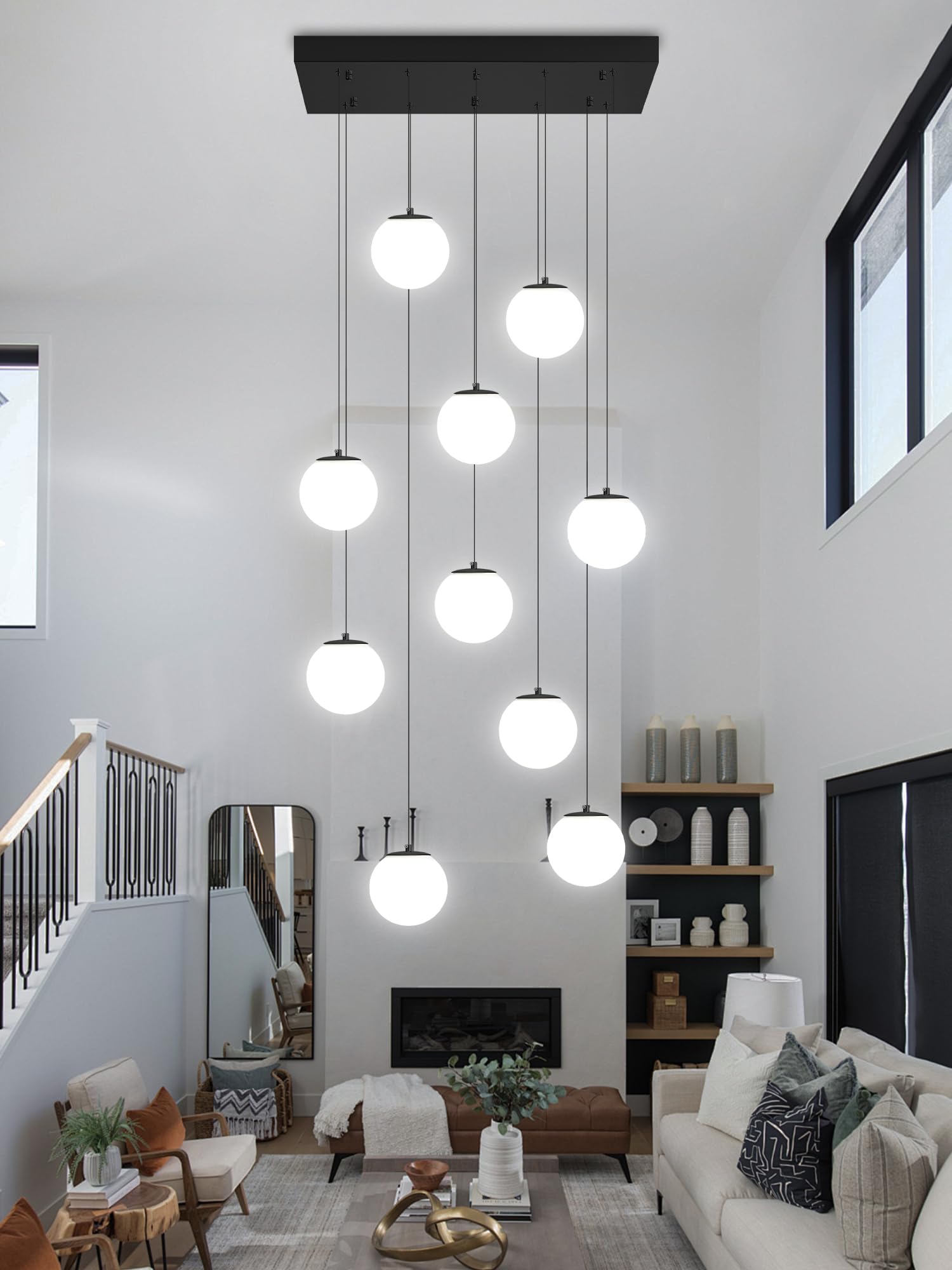 ykolupty Black Chandelier with White Globe Glass Dimmable Ceiling Light Pendant Ceiling Lights Flush Mount Black Country Farmhou