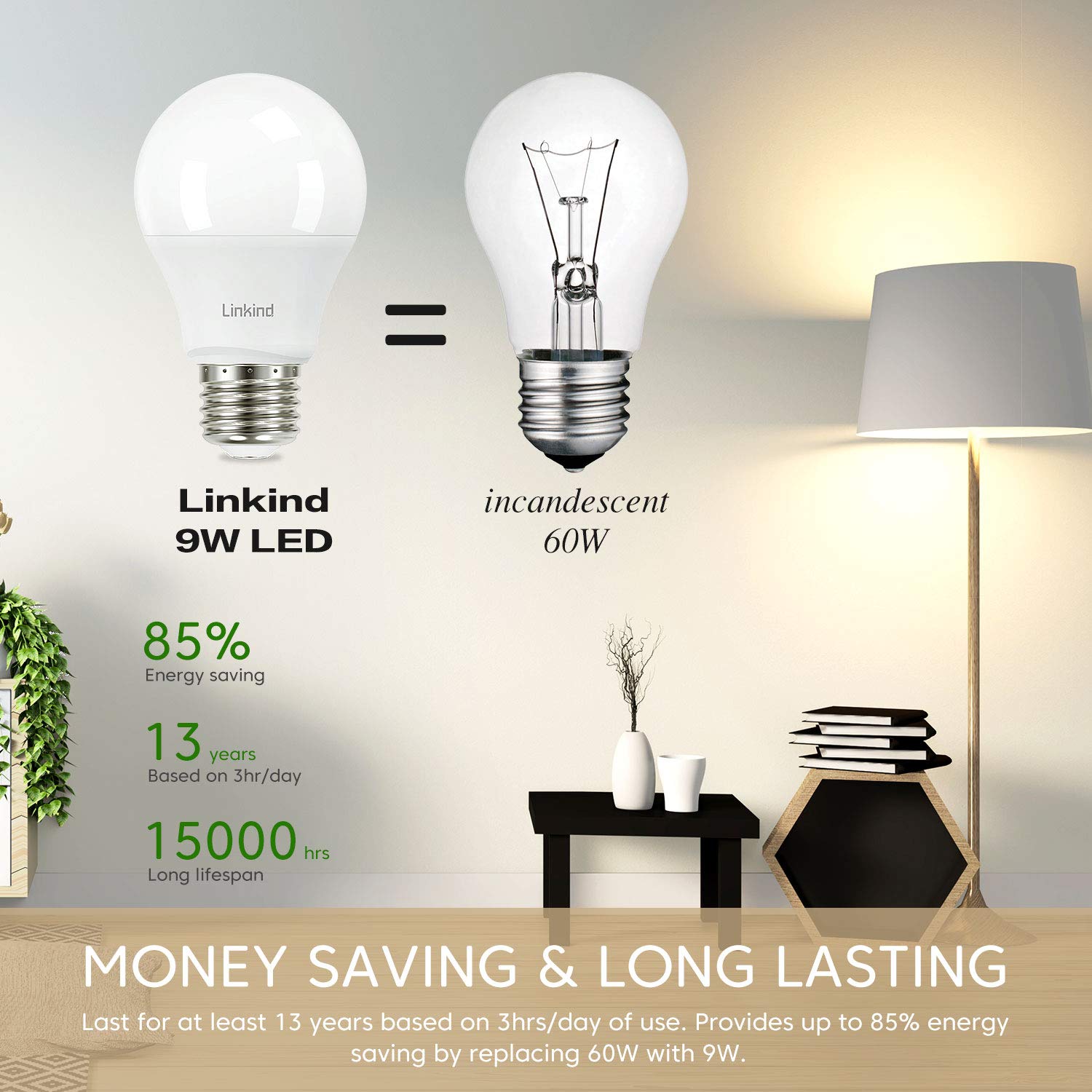 Linkind A19 Led Light Bulb, 60W Equivalent Light Bulbs, 9W 2700K Soft White, 800 Lumens Non-Dimmable Led Bulb, E26 Standard Base