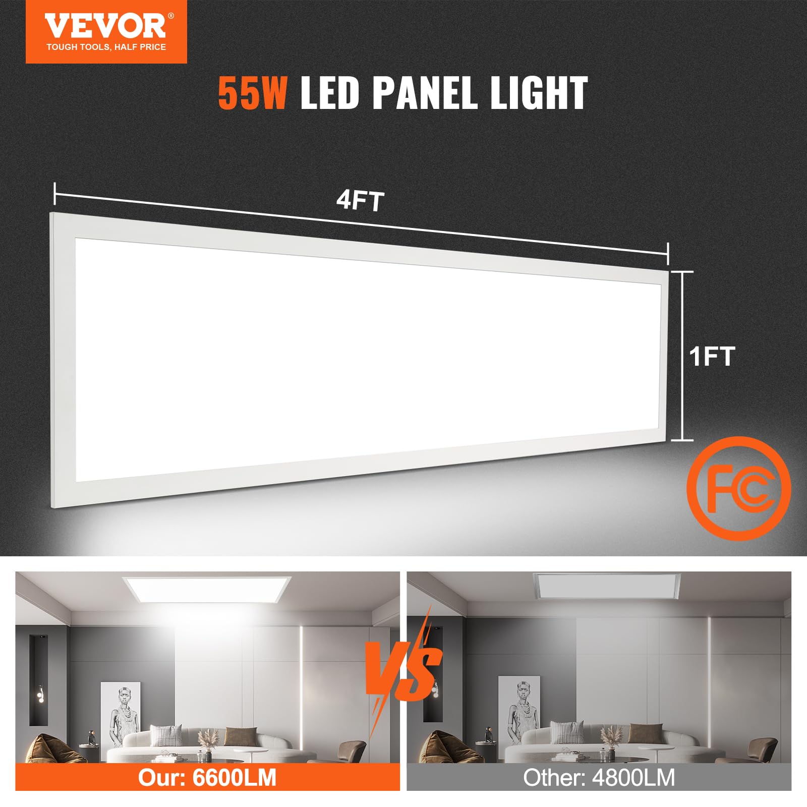 VEVOR 2 Pack 1x4 FT LED Flat Panel Light, 6600LM 55W, Surface Mount LED Drop Ceiling Light Fixture with Adjustable Color Tempera