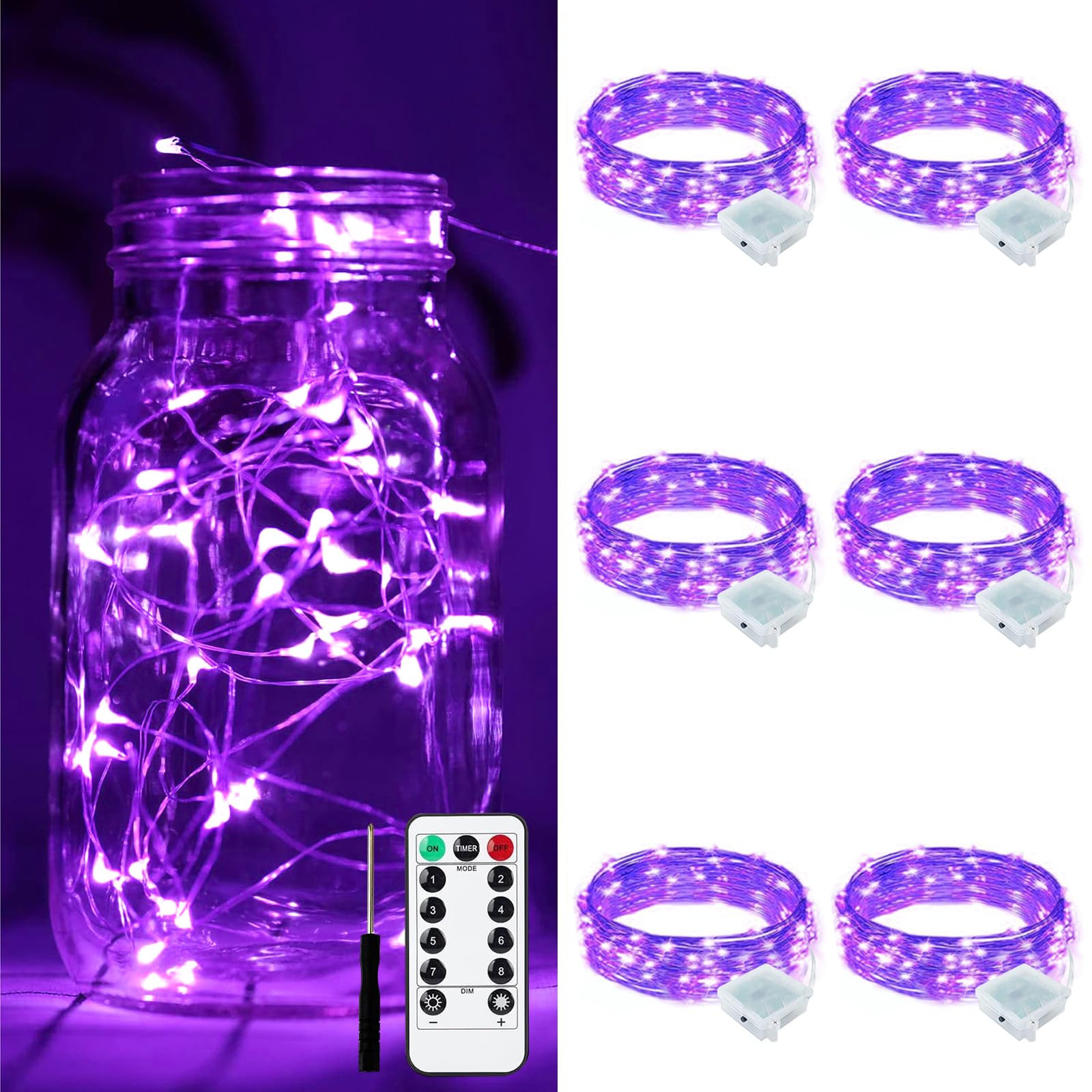 ZGWJ 6 Pack Fairy Lights Battery Operated with Remote  7ft 20 LED Mini Fairy String Lights with Timer 8 Lighting Modes Waterproof for Halloween Christmas Tree DIY  Parties  Bedroom Decorations Purple