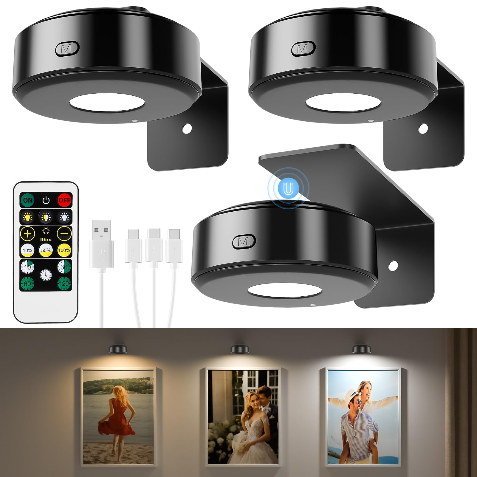 Lightbiz 3PCS Picture Lights, Wireless Rechargeable Battery, Dimmable, Timer, Aluminum, Black, H200-Black-3pcsBlack