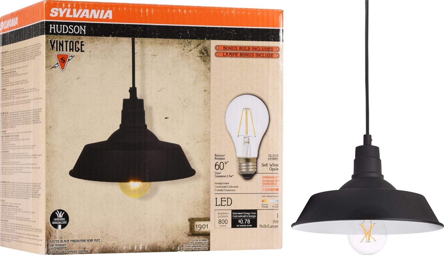LEDVANCE SYLVANIA Vintage Pendant Light Fixture, 12 in, Antique Black, 1x 8.5W A19 LED Bulb Included, Dimmable, Model 60053