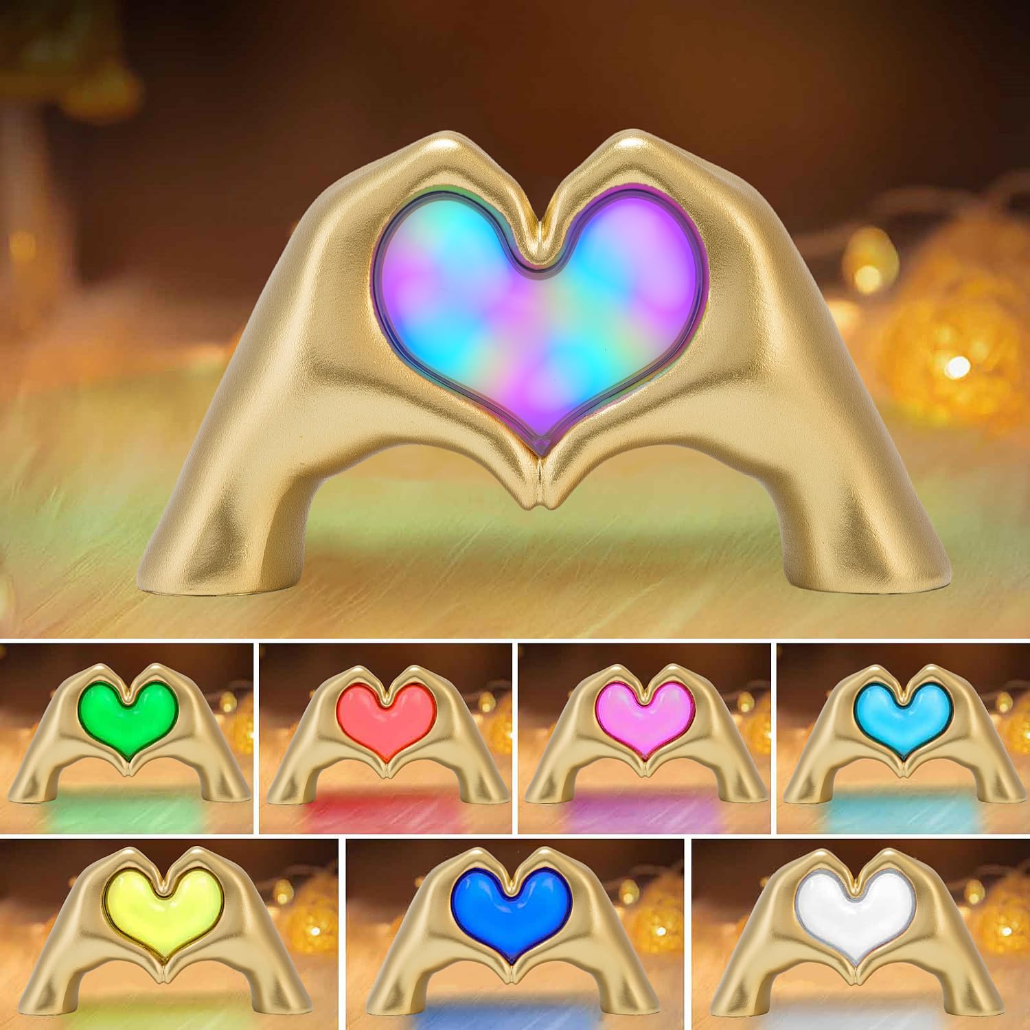 Heart Hands Sculpture Lamp  Love Heart Statue Usb&Battery Powered Night Light  7 Light Colors Desk Lamp  Gold Decoration For Home  Living Room  Bedroom  Shelf  Table  Thanksgiving Birthday Gift