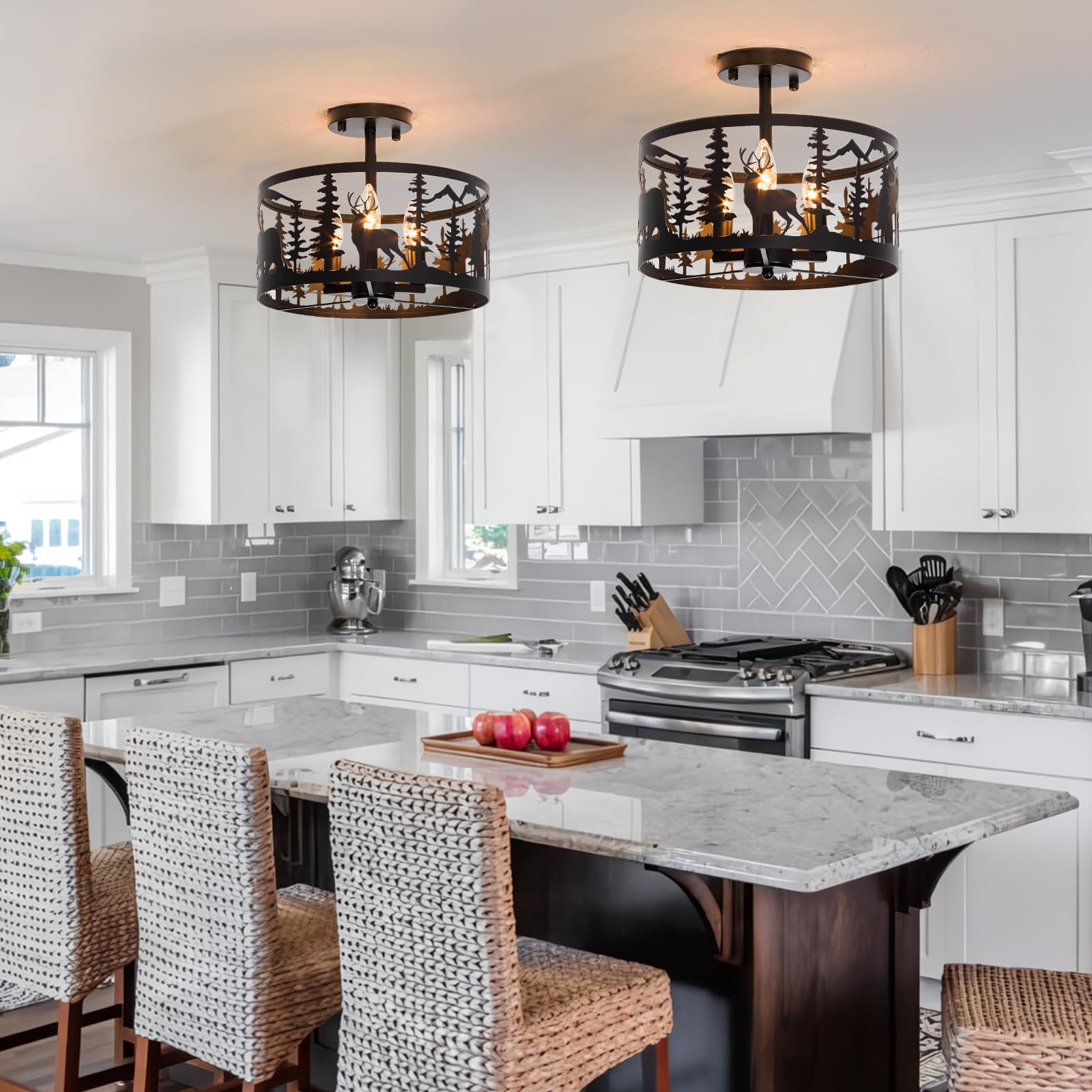 Monaxon Rustic Semi-Flush Mount Ceiling Light, 3-Light E12, Industrial Farmhouse Design