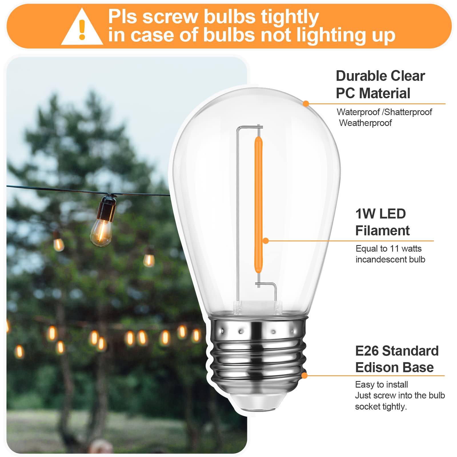 Mlambert Led String Light Bulbs, Shatterproof Outdoor S14 Replacement Light Bulb 2200K, Waterproof 1W Led Edison Bulbs Equal To 11W,Not Solar,15Pack