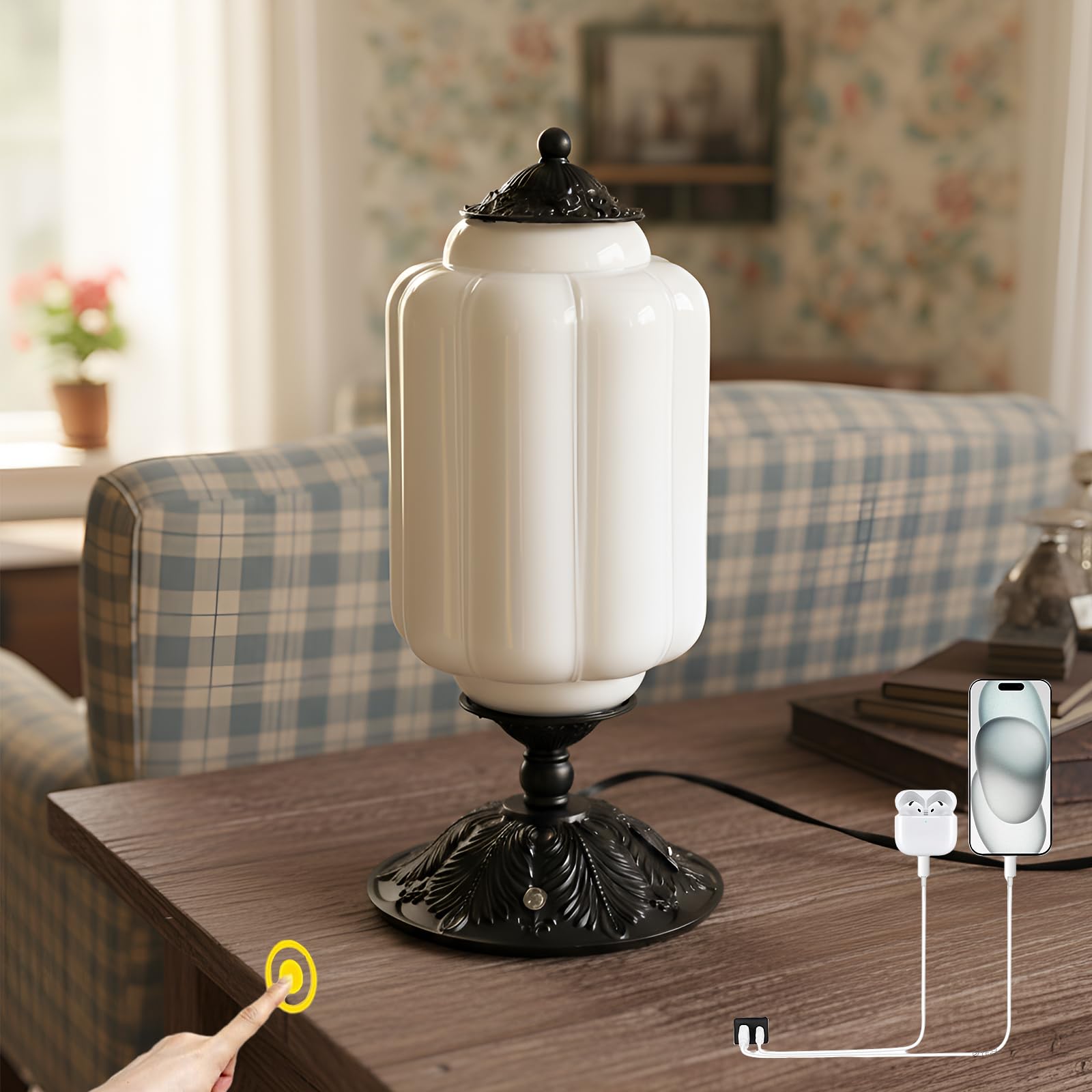 Vintage Milk Glass Touch Table Lamp  Elegant white Glass Bedside Desk Lamp 3 Way Dimmable with USB C+A Charging Ports - Bedroom Nightstand & Living Room Essential  4W Bulb Included (white  6.5)