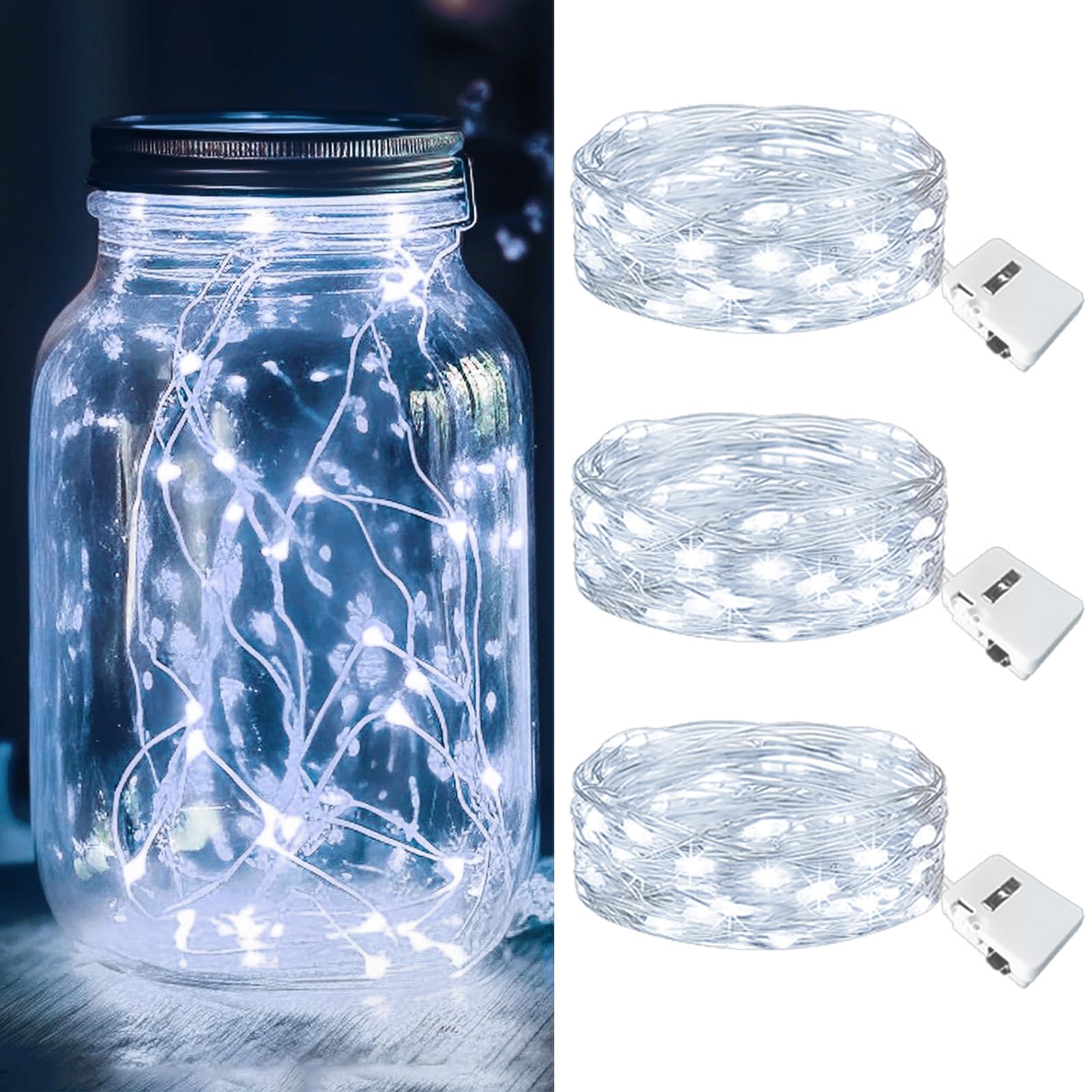 kolpop 3 Pack LED Fairy Lights Battery Operated, Mini Twinkle String Lights Battery Powered Waterproof for Christmas Mason Jars 