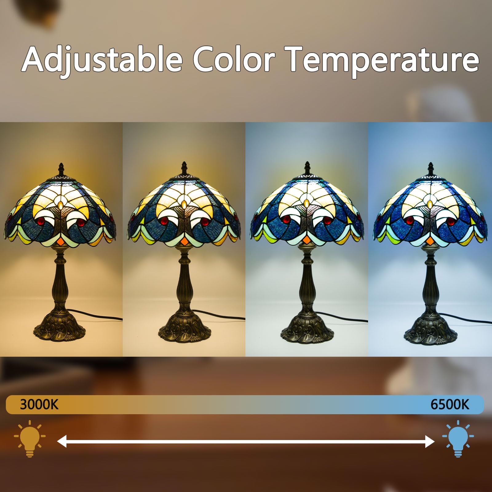 Crefotu 12 Inch Tiffany Table Lamp with Remote Control, Dimmable Colors, Glass, Beige Baroque, Model CFLPUS-004
