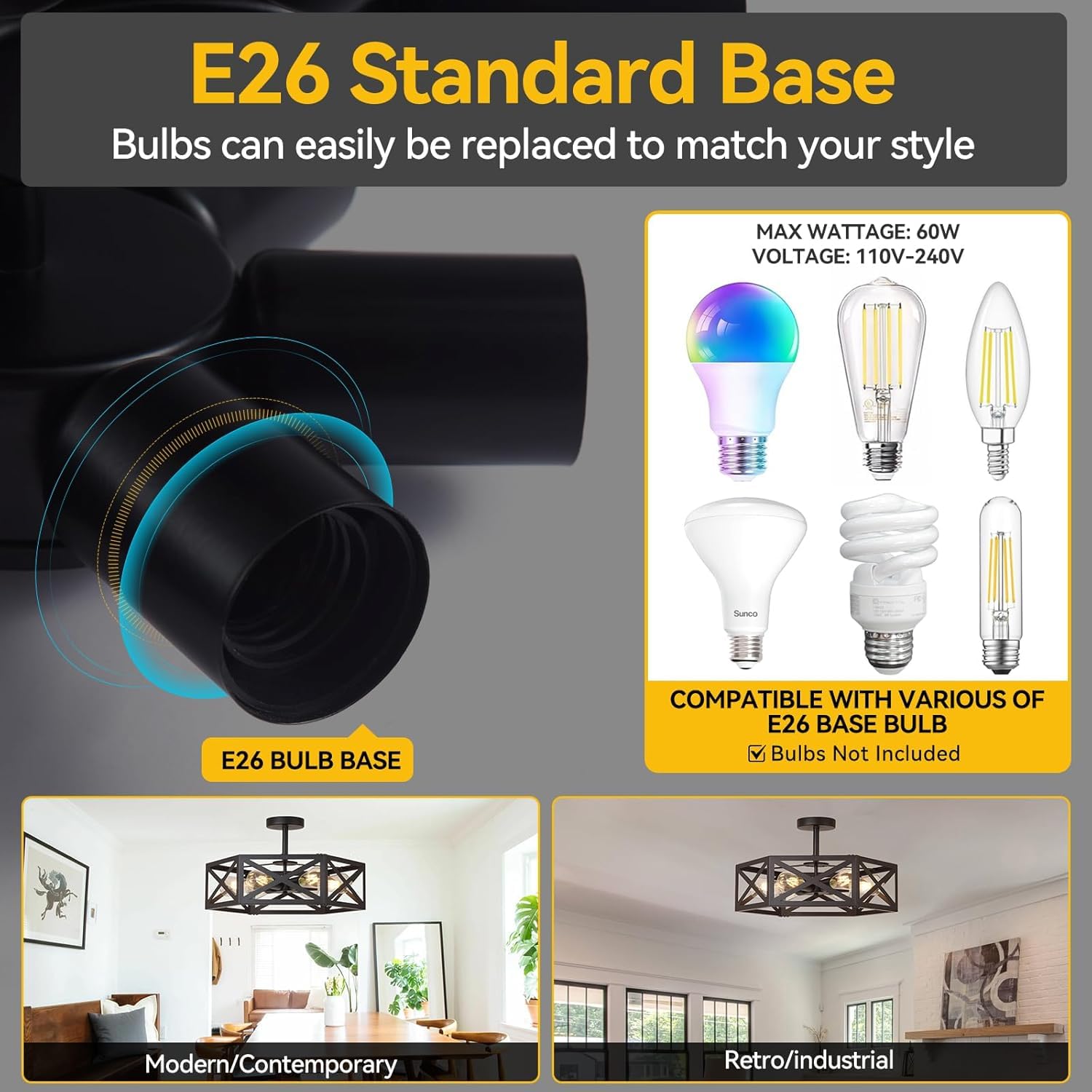 Aibisod Semi Flush Mount Ceiling Light Fixtures, 6-Light Modern Metal Farmhouse Semi Flush Mount Chandelier, Industrial Ceiling