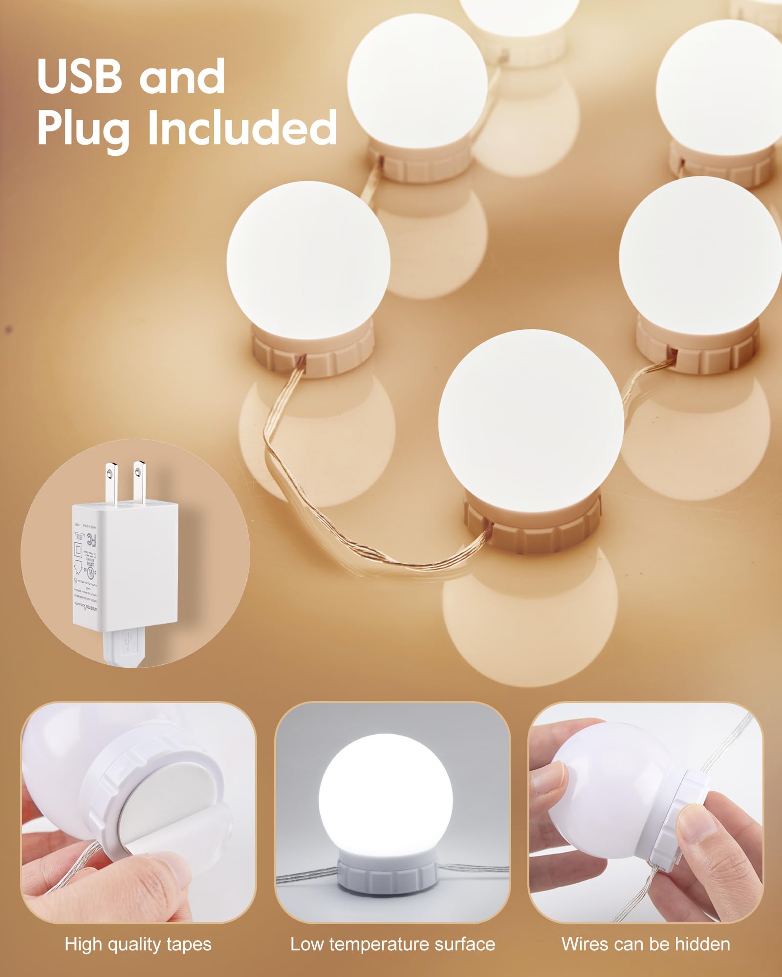 Brightown 14 Bulb Dimmable Hollywood Makeup Mirror Lights, 22Ft Adjustable Vanity Lighting, ABS Material, 3 Colors, Model BT