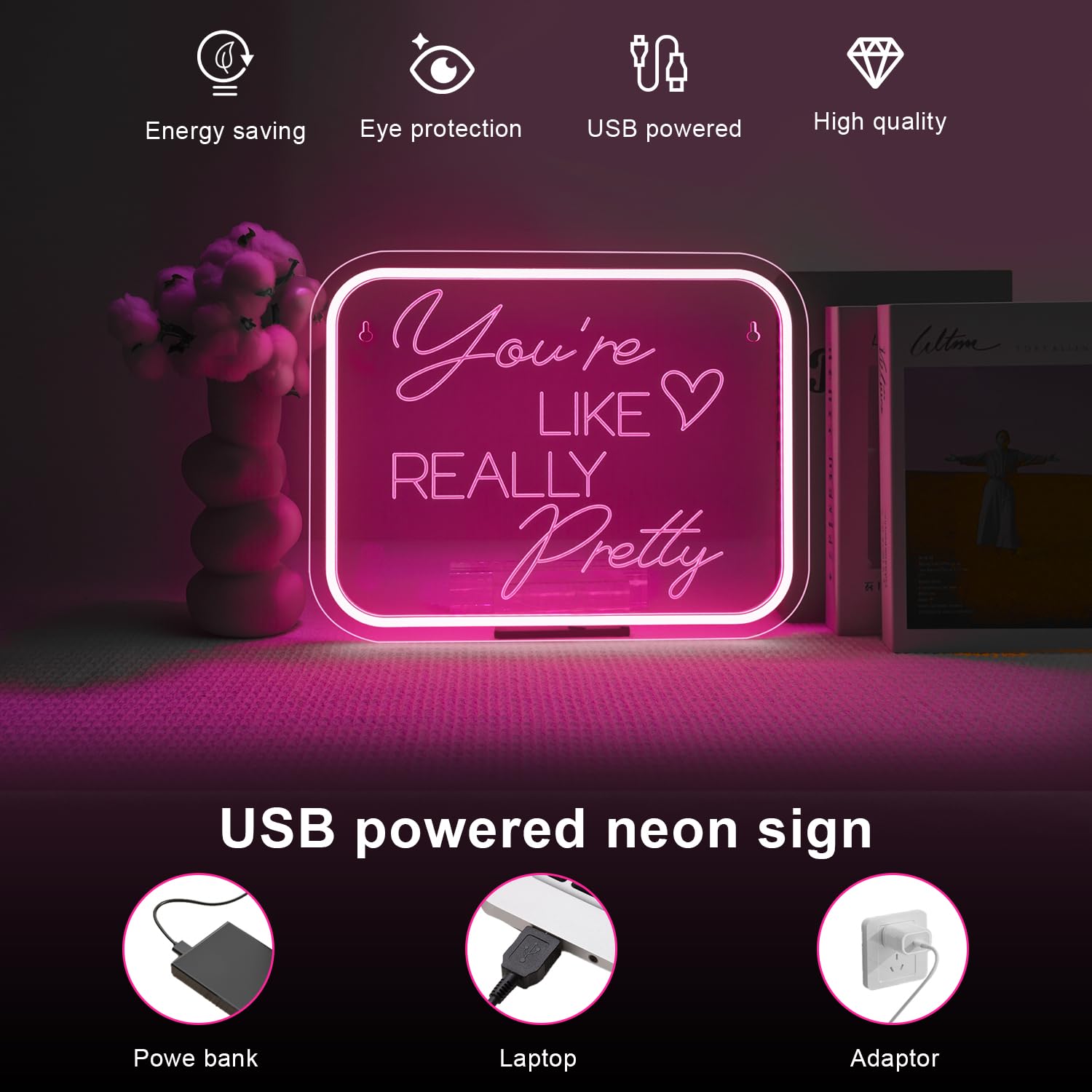 LUCUNSTAR Neon Sign for Wall Decor, Pink LED Light with Dimmable Switch, USB Powered Acrylic, Perfect for Bedroom and Wedding Decor