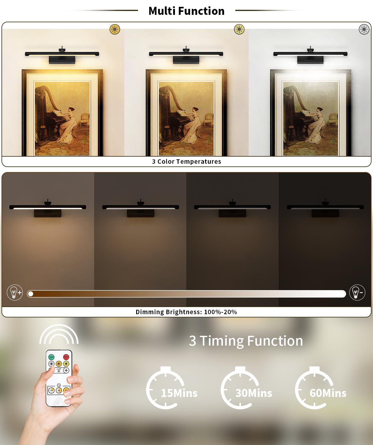 Joosenhouse Battery Operated Picture Light 5000Mah Rechargeable Black Art Light 15.7'' Wireless Picture Lights For Wall With Rem