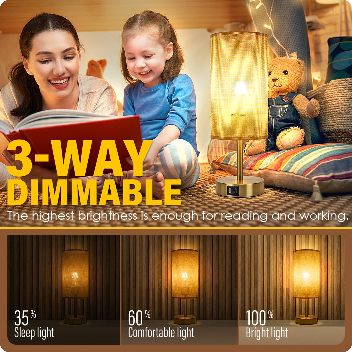 Yarra-Decor Touch Control Bedside Lamp With Usb Port, 3-Way Dimmable, Round Flaxen Shade, Model Y-Net, Color Net