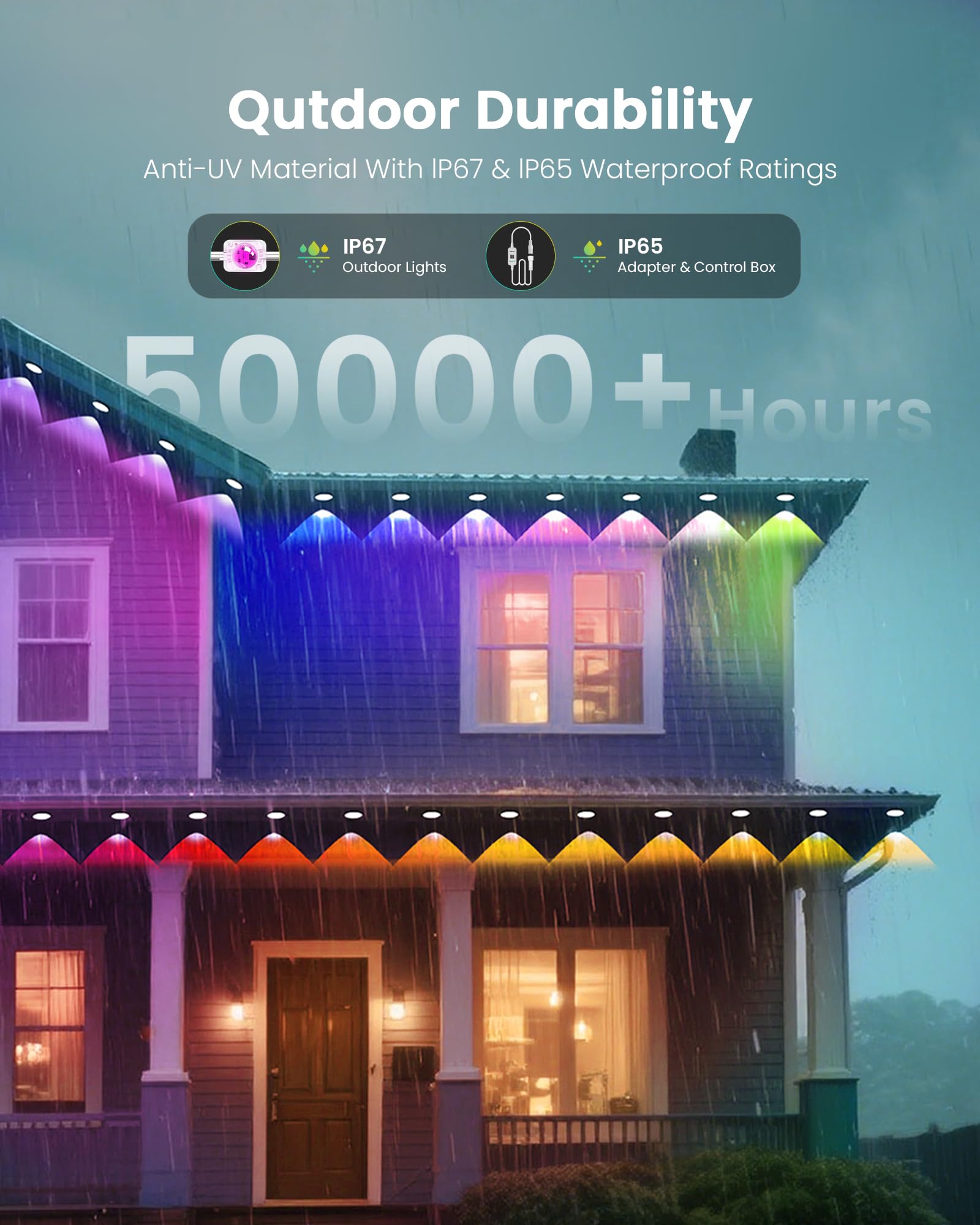 KISUFU 150FT RGB+IC Smart Outdoor Lights, IP68 Waterproof, Remote Control, ABS Material, Model LED725-US, White