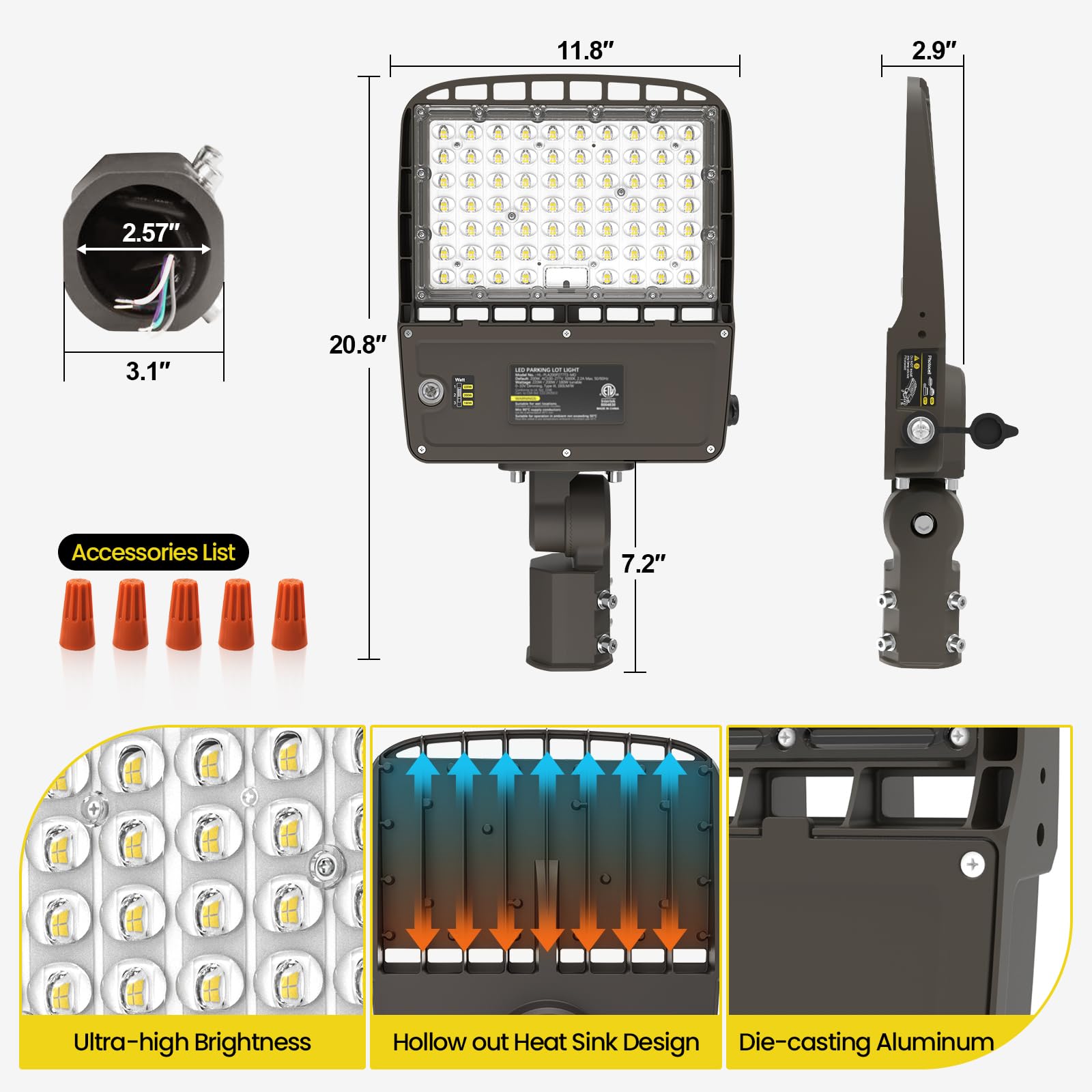 Yarbo 220W Led Parking Lot Light 200W 180W Selectable, 35200Lm(160Lm/W) 5000K Led Shoebox Light, Slip Fitter, Dimmable Parking Lot Lights Commercial With Dusk To Dawn Photocell, Area Street Pole Light