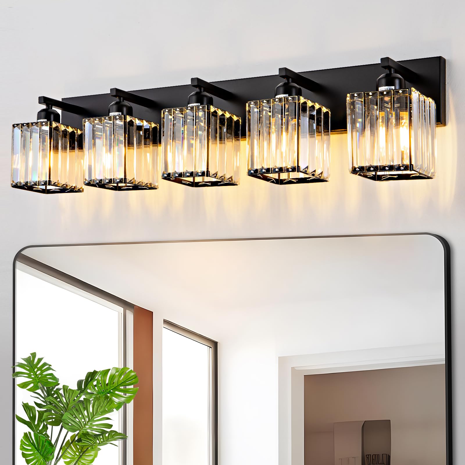 Aixialin 5-Light Black Crystal Bathroom Vanity Light Fixtures, Modern Metal Wall Lighting Over Mirror, Model 600-100-1014