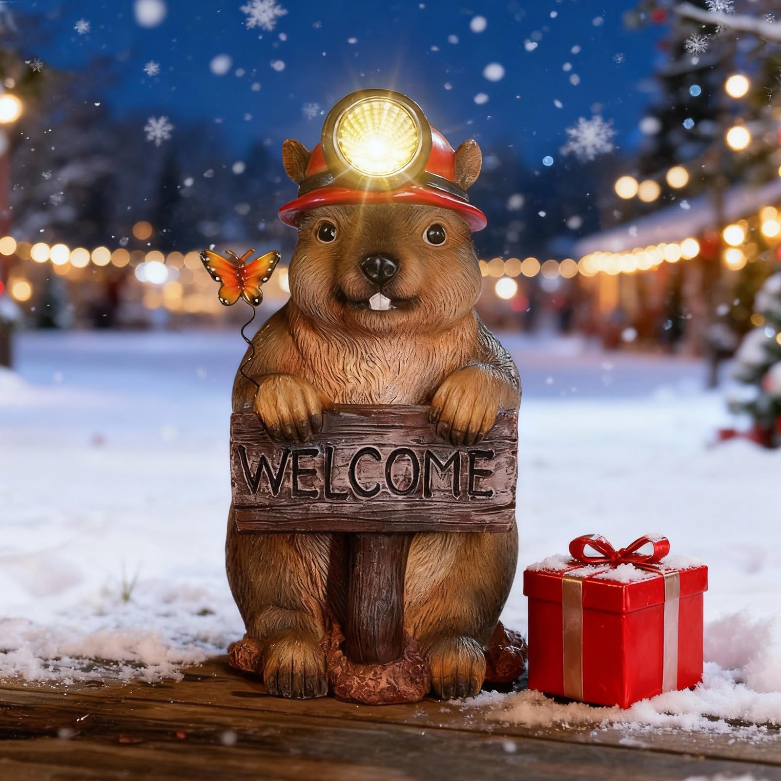 TOLIMI Groundhog Welcome Garden Statue with Solar Headlamp - Funny Animal Outdoor Yard Decor with LED Light and Butterfly - Waterproof Resin Garden Ornament for Patio  Lawn  Pathway