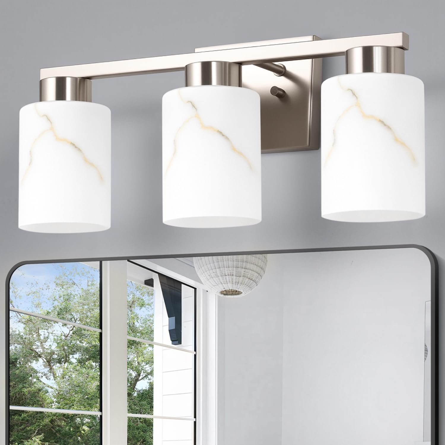 Mieloxiy 3-Light Bathroom Light Fixtures  Modern Vanity Lights  Brushed Nickel Metal Wall Lamp with White Marble Glass for Bathroom  Mirror  Living Room  Bedroom  Cabinet  Porch  Hallway  E26 Base