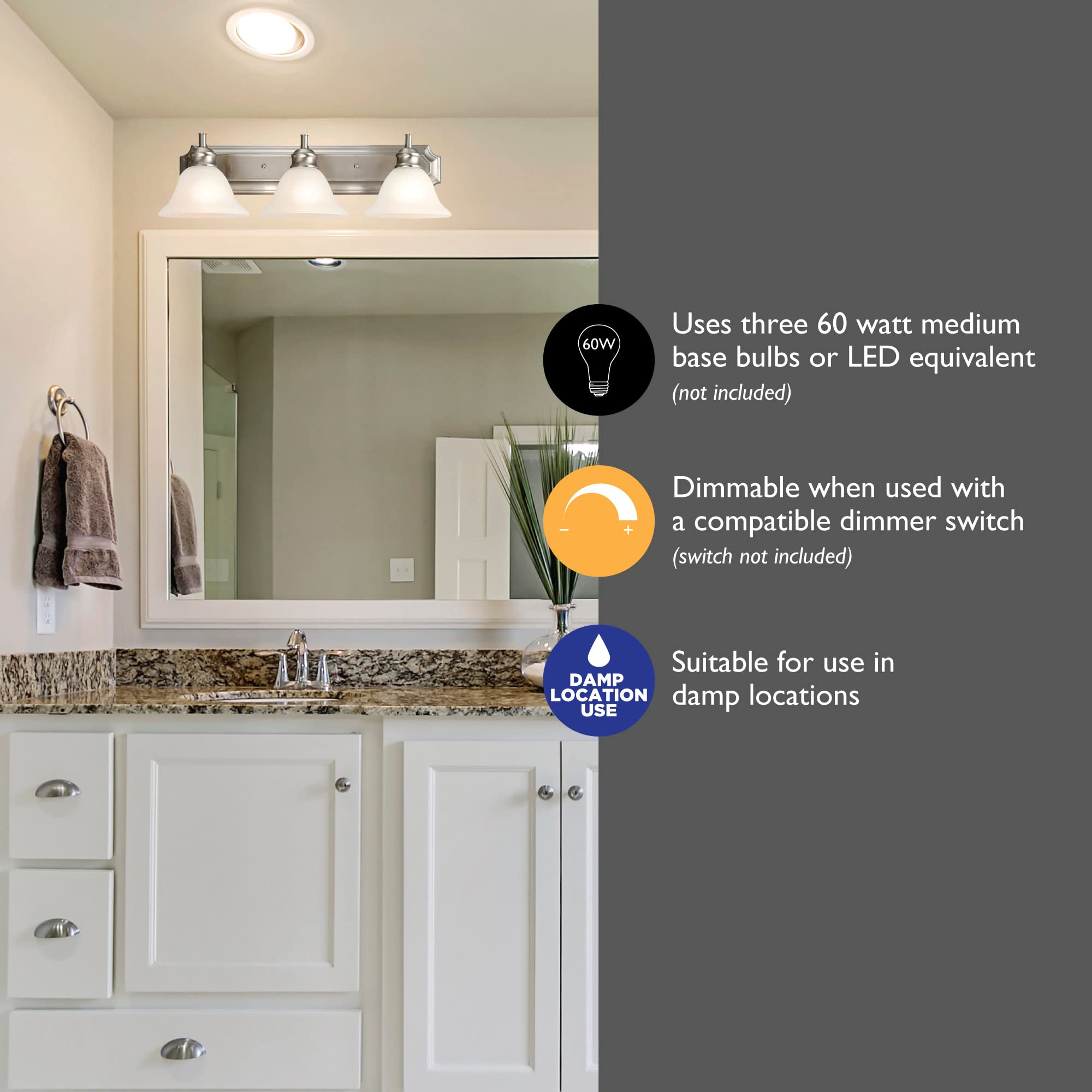 Design House 510263 Bristol Vanity Light Dimmable With Frosted Glass For Above Bathroom Mirror, 3, Satin Nickel