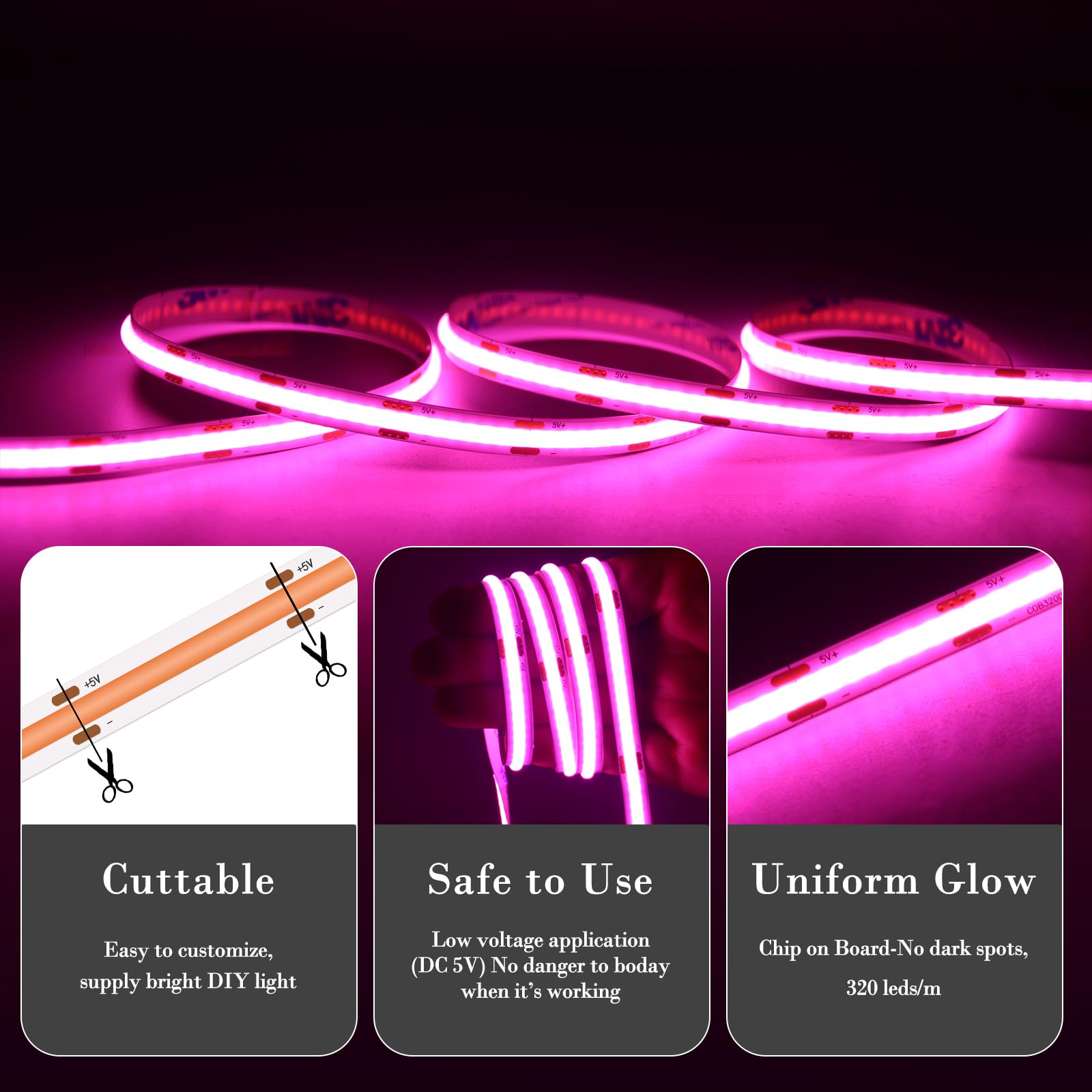 Uvtaoyuan Led Strip Lights Pink 5V Usb Led Lighting Cob Led Strip Light Pink Flexible Led Tape Light Not Dimmable Led Lights, Fo