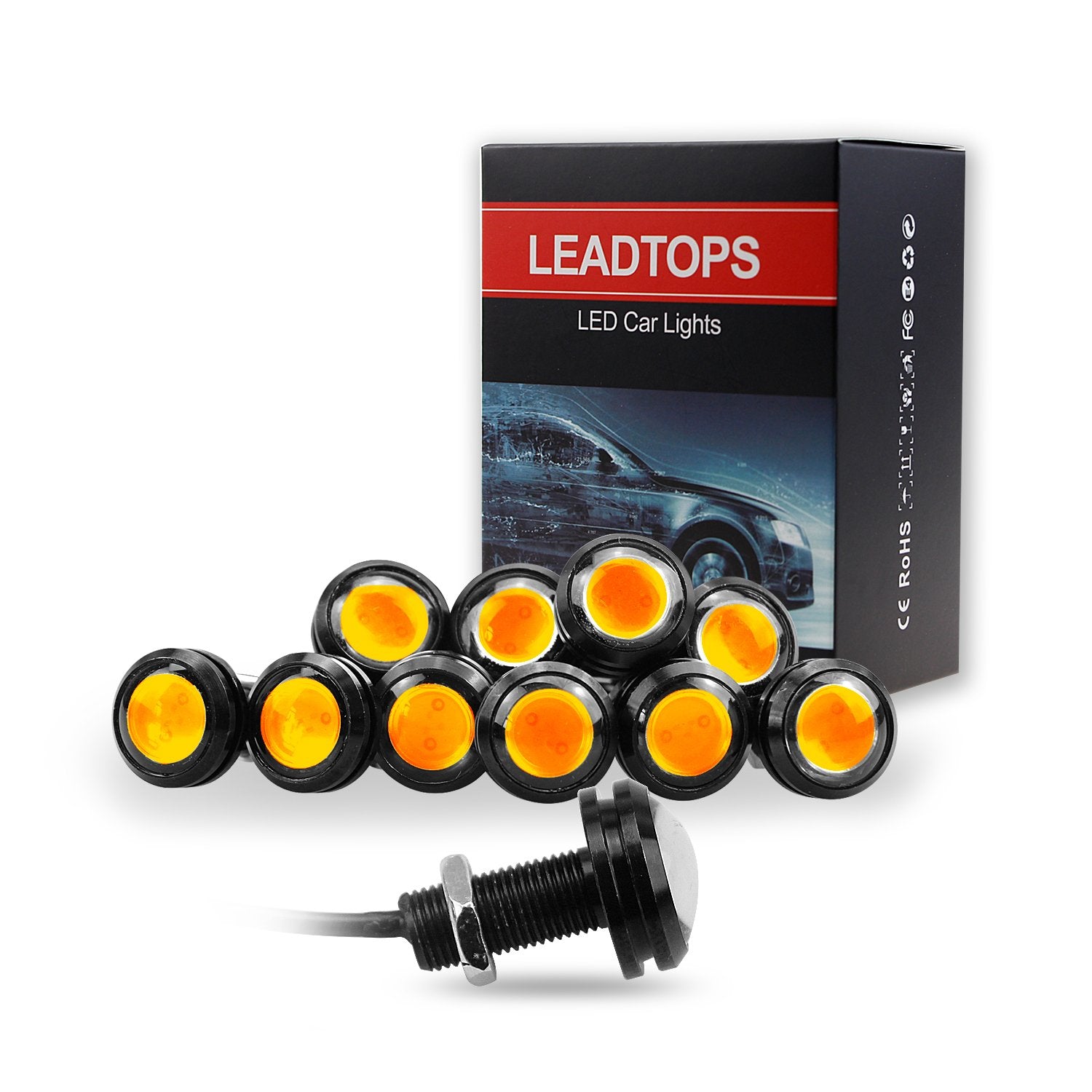 LEADTOPS Eagle Eye LED Car Fog Lights 10Pcs 18mm 12V Yellow Light Black Case