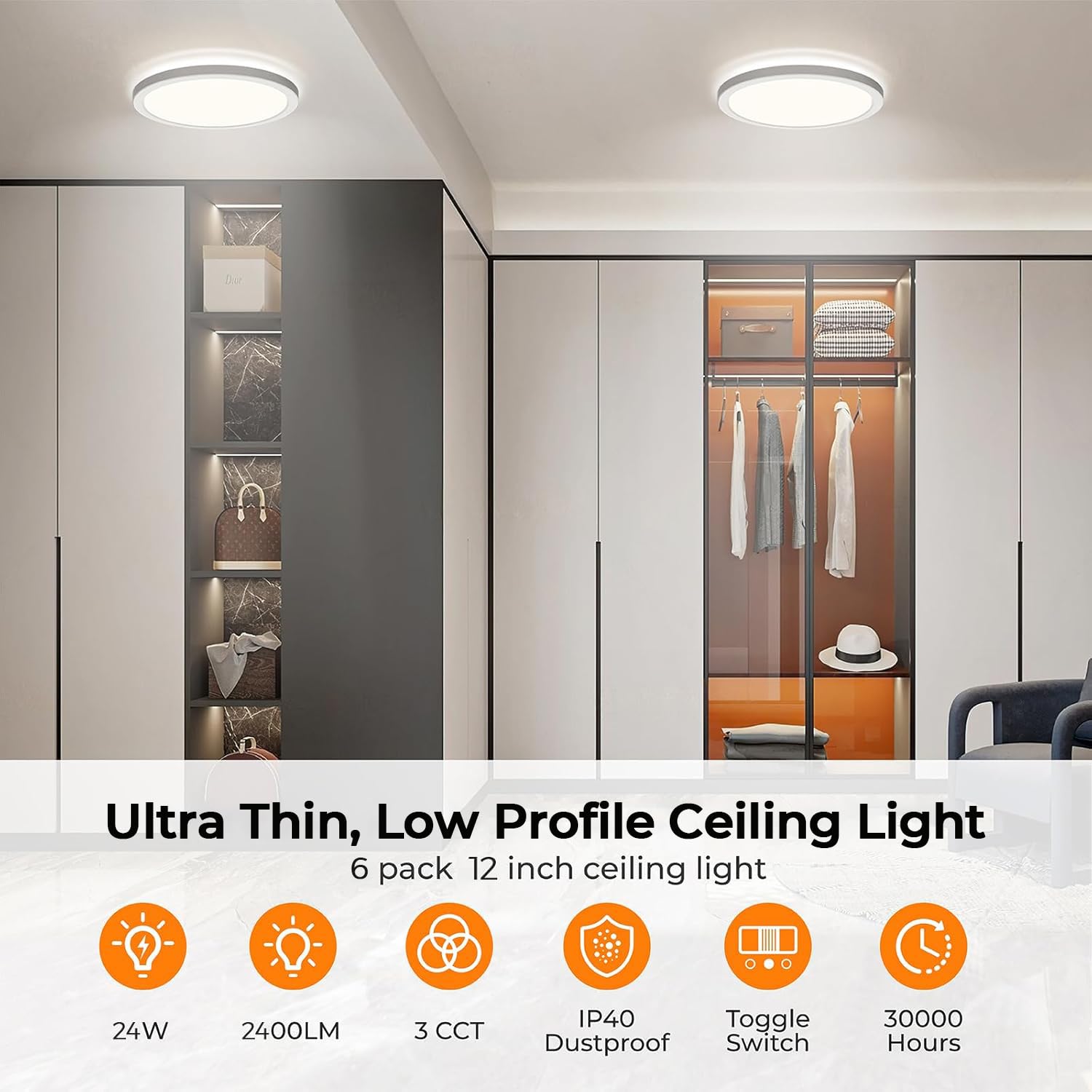 BLNAN LED Flush Mount Ceiling Light, 24W, 12 Inch, White, Non-dimmable, Hardwire, 6 Pack