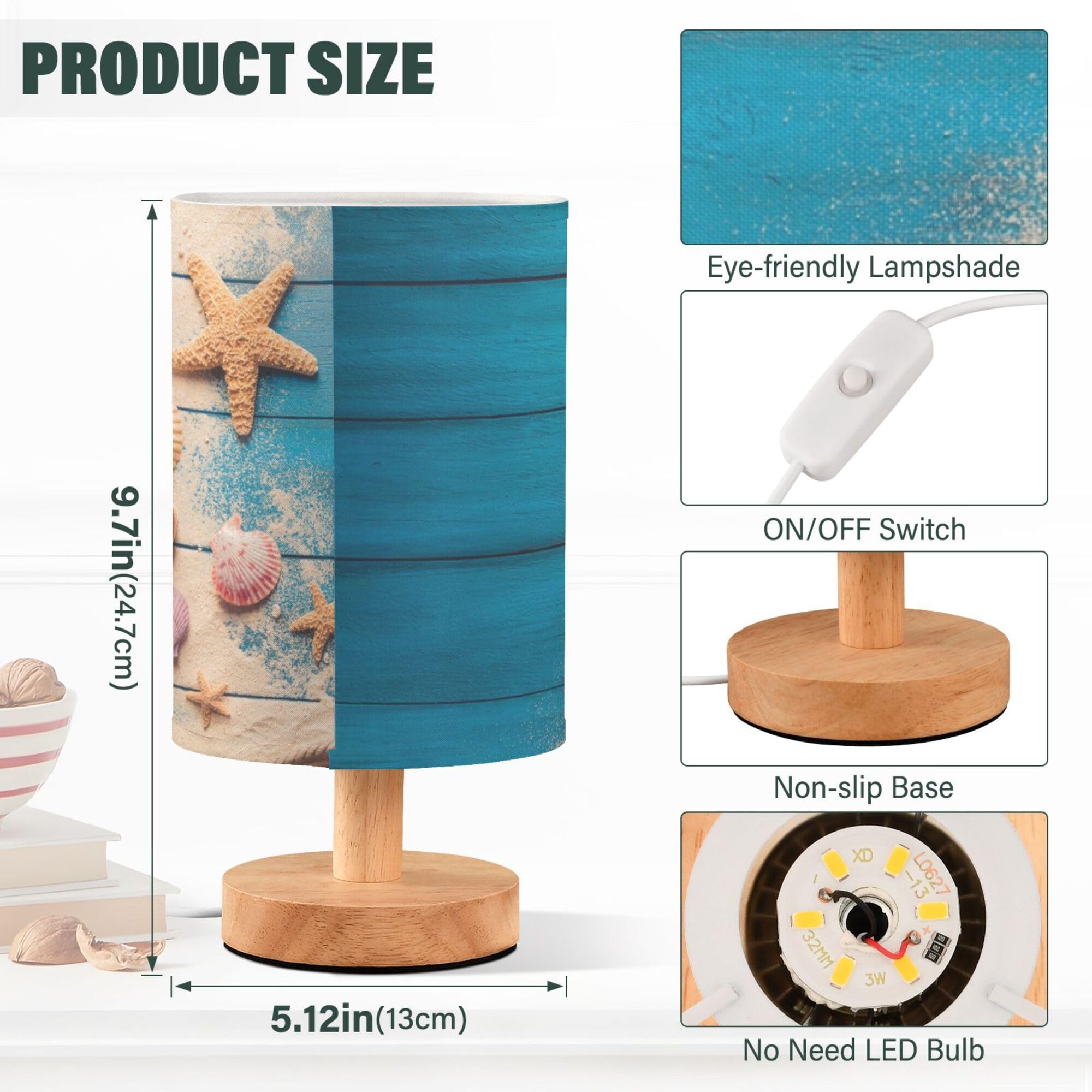 Yyzzh Table Lamp Summer Seashell Starfish Rope Sand On Blue Wood Nightstand Lamp With Wood Base Fabric Lamp Shade Bedside Desk L