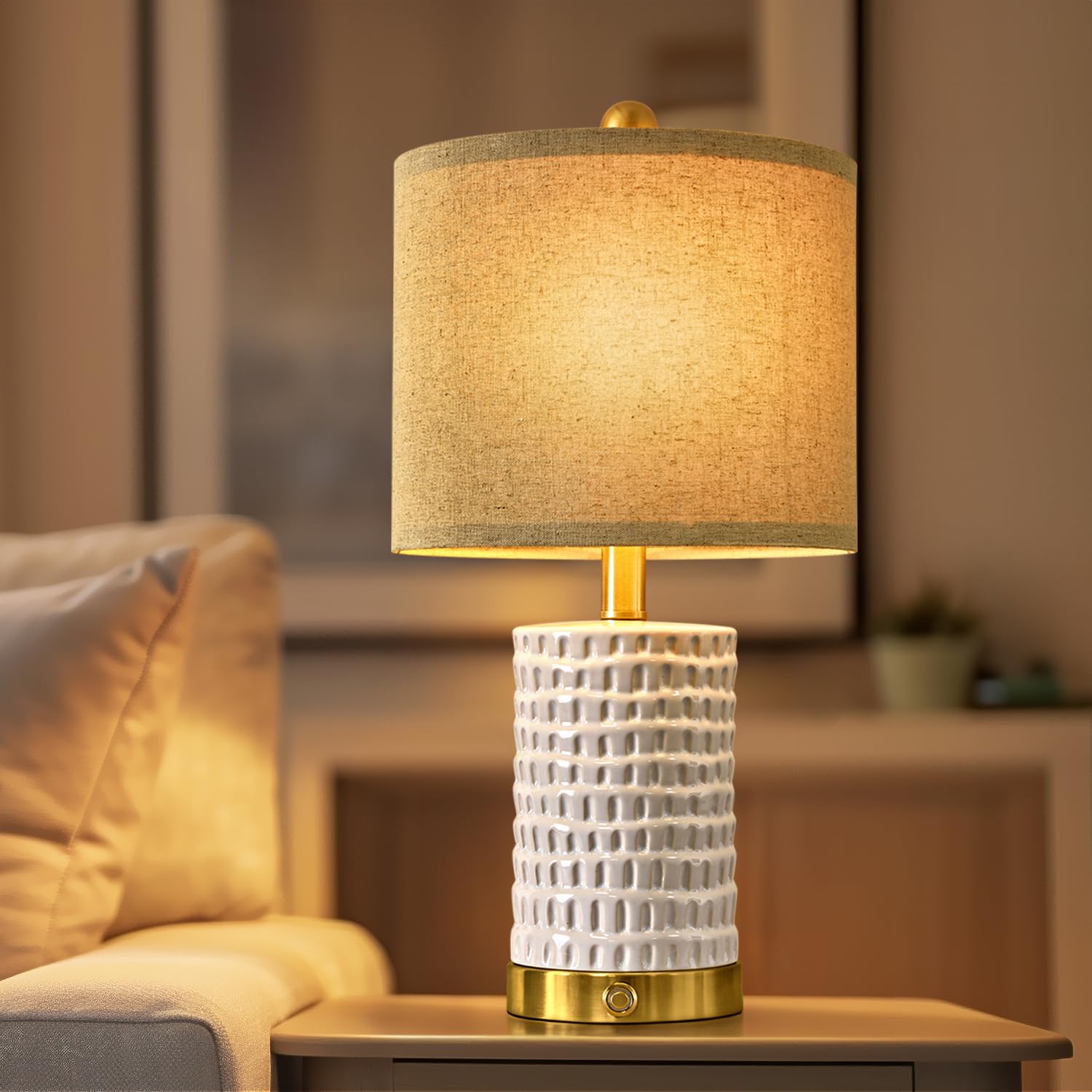 Portres 19'' Farmhouse 3-Way Dimmable Touch Ceramic Table Lamp Set Of 2 White Bedside Lamps For Bedroom Lamps For Living Room Ni