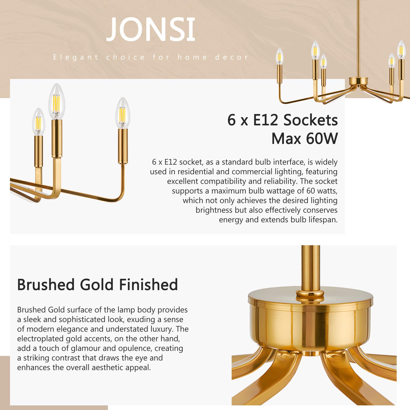 Jonsi Gold Chandelier - 26'' Modern Brushed Brass Chandelier Light Fixture 6 Light Industrial Candle Lighting Hanging Ceiling Fo
