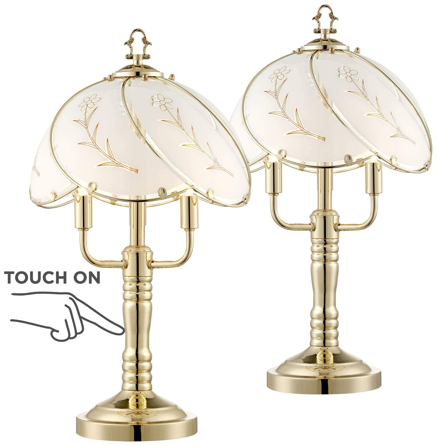 Regency Hill Flower 19 1/2 High Small Traditional Accent Table Lamps Set of 2 Touch On-Off 3-Light Gold Brass Finish Glass Shade