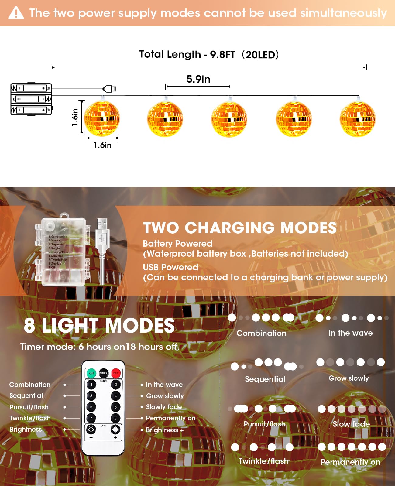 Acelist Orange Disco Ball Decor 20 Led 9.8Ft String Light - Battery Powered And Usb Plug  Fall Decor For 70S Party Decorations And Bachelor Birthday Parties  Mamma Mia