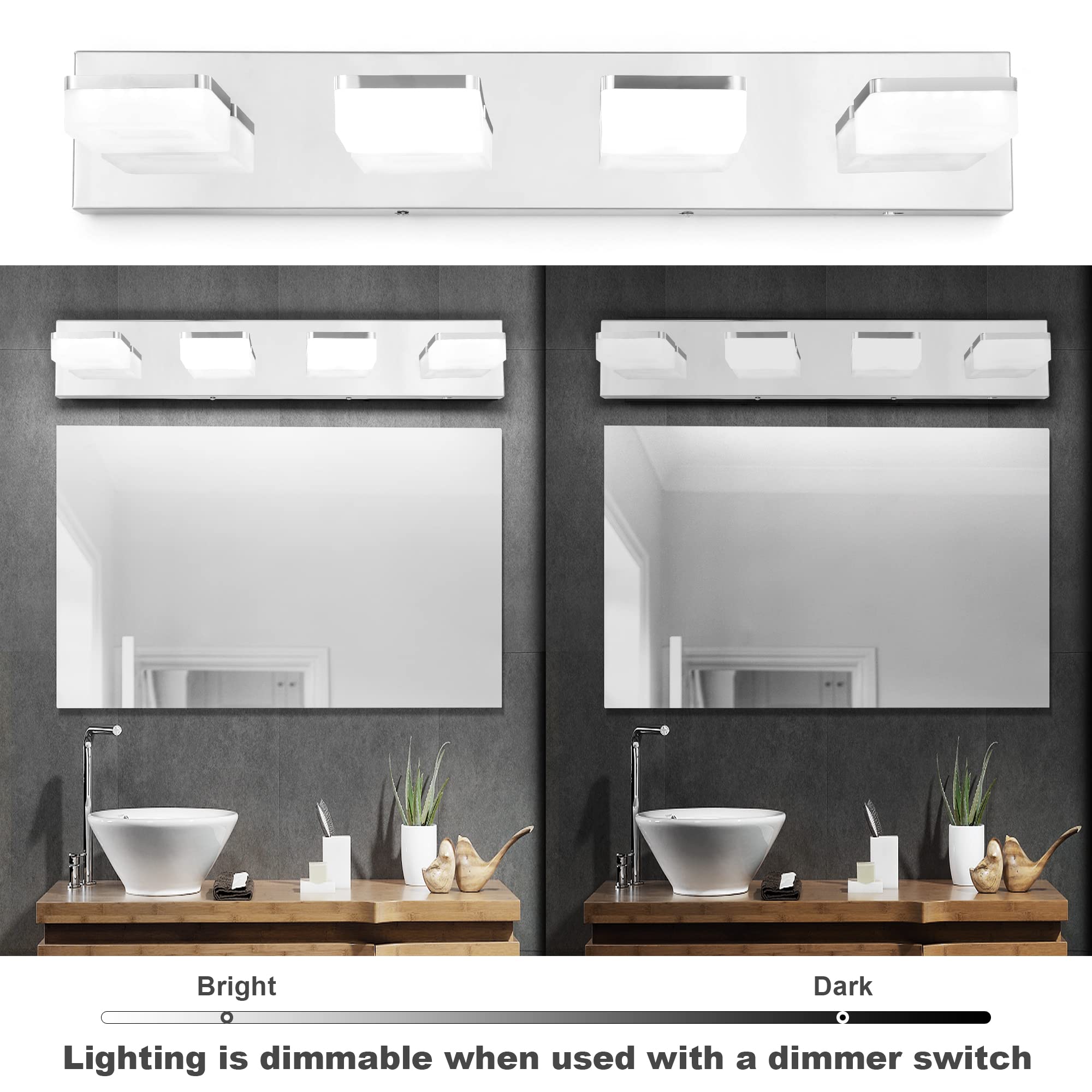 Goodate 3-Color Dimmable Chrome Led Vanity Lights, 4-Light Fixtures For Bathroom, 360° Rotate
