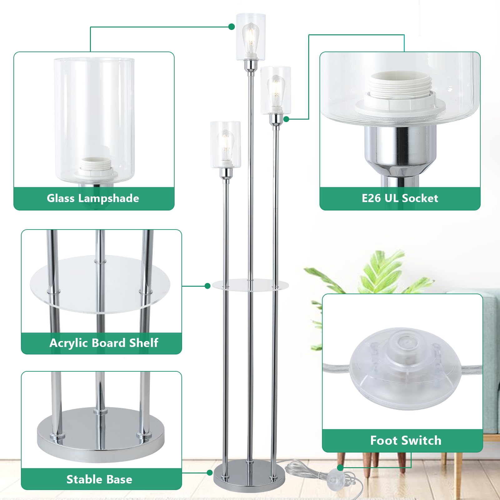 Hmvpl Modern Floor Lamps For Living Room, Silver Floor Lamp For Bedroom With Acrylic Shelves, 3-Light Chorme Standing Lamp With