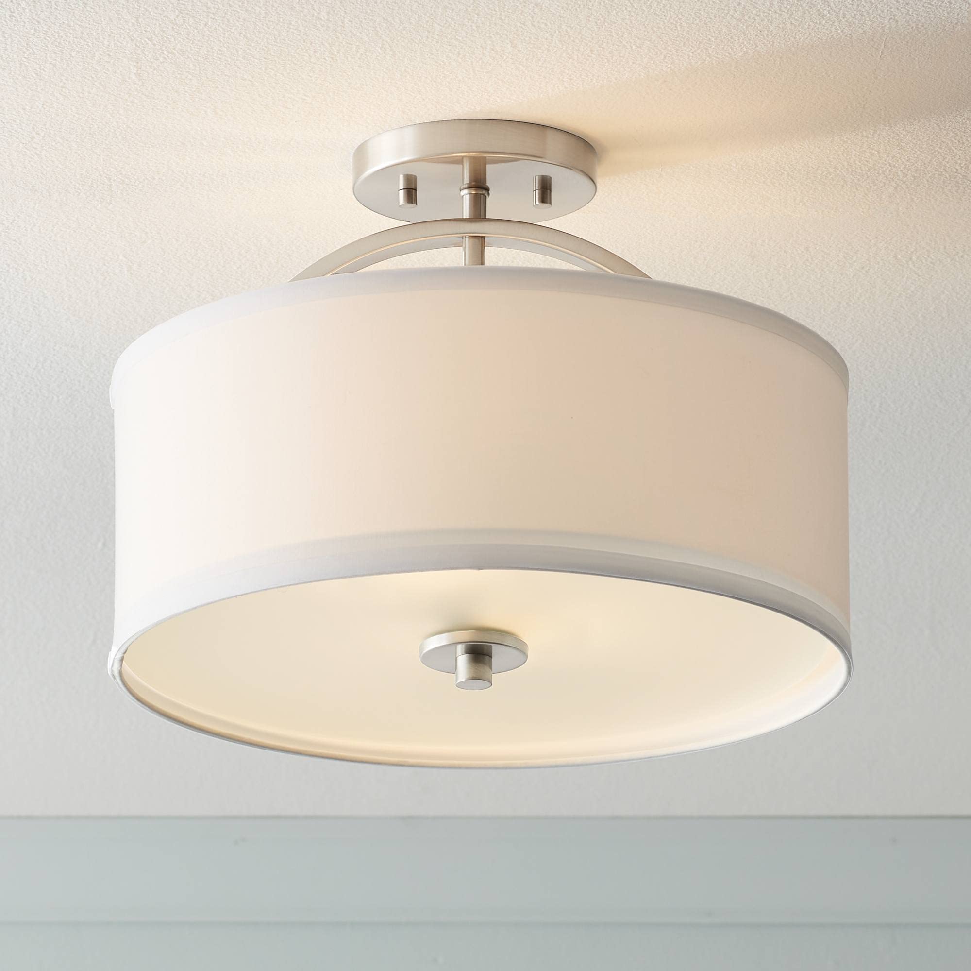 Possini Euro Design Halsted Modern Close to Ceiling Light Semi Flush Mount Fixture 15'' Wide Brushed Nickel Silver White Linen D
