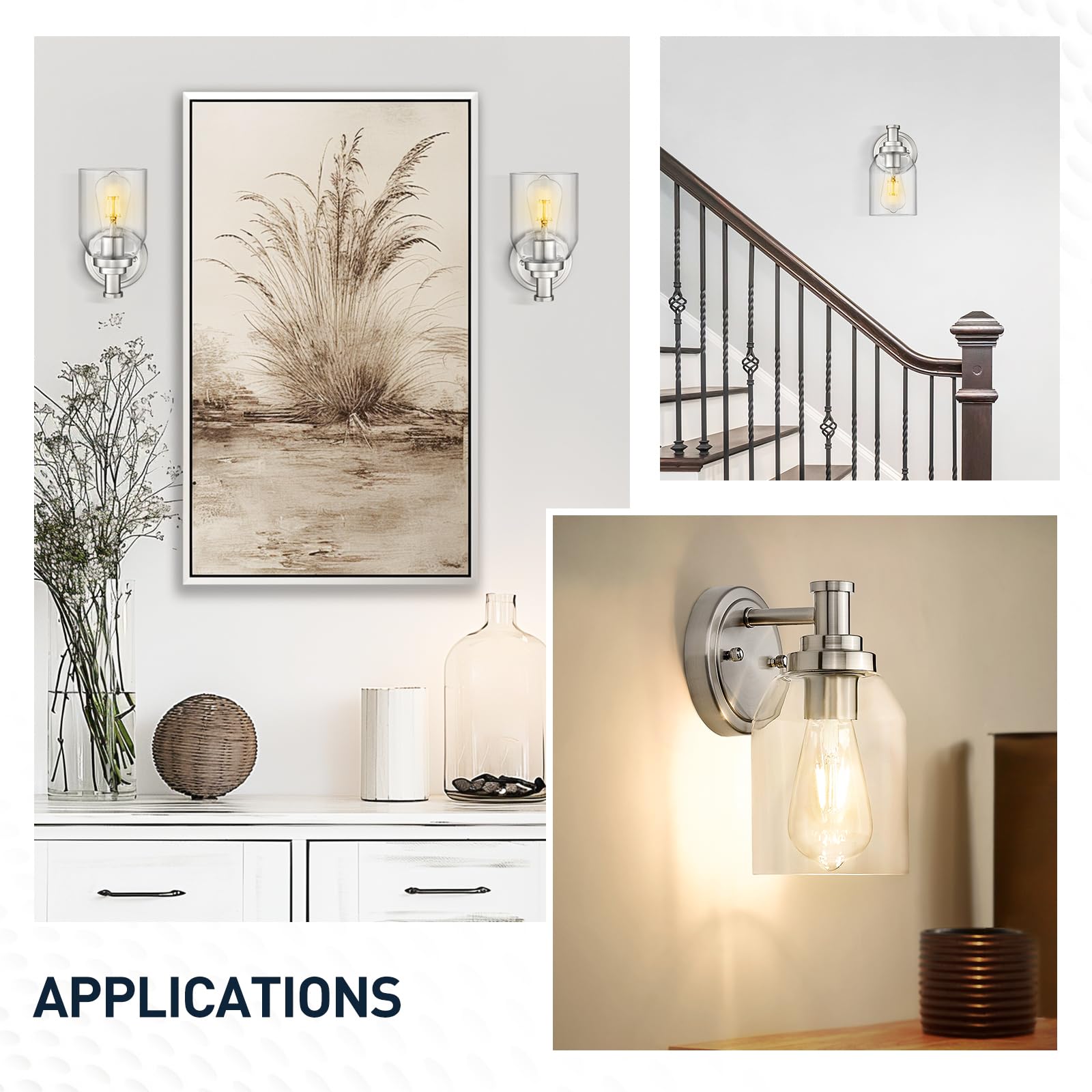 zeyu Industrial Wall Sconces Set of 2, Brushed Nickel + Clear Glass, Model ZG33B-2 BN, Indoor Lighting for Bathroom, Bedroom, Living Room