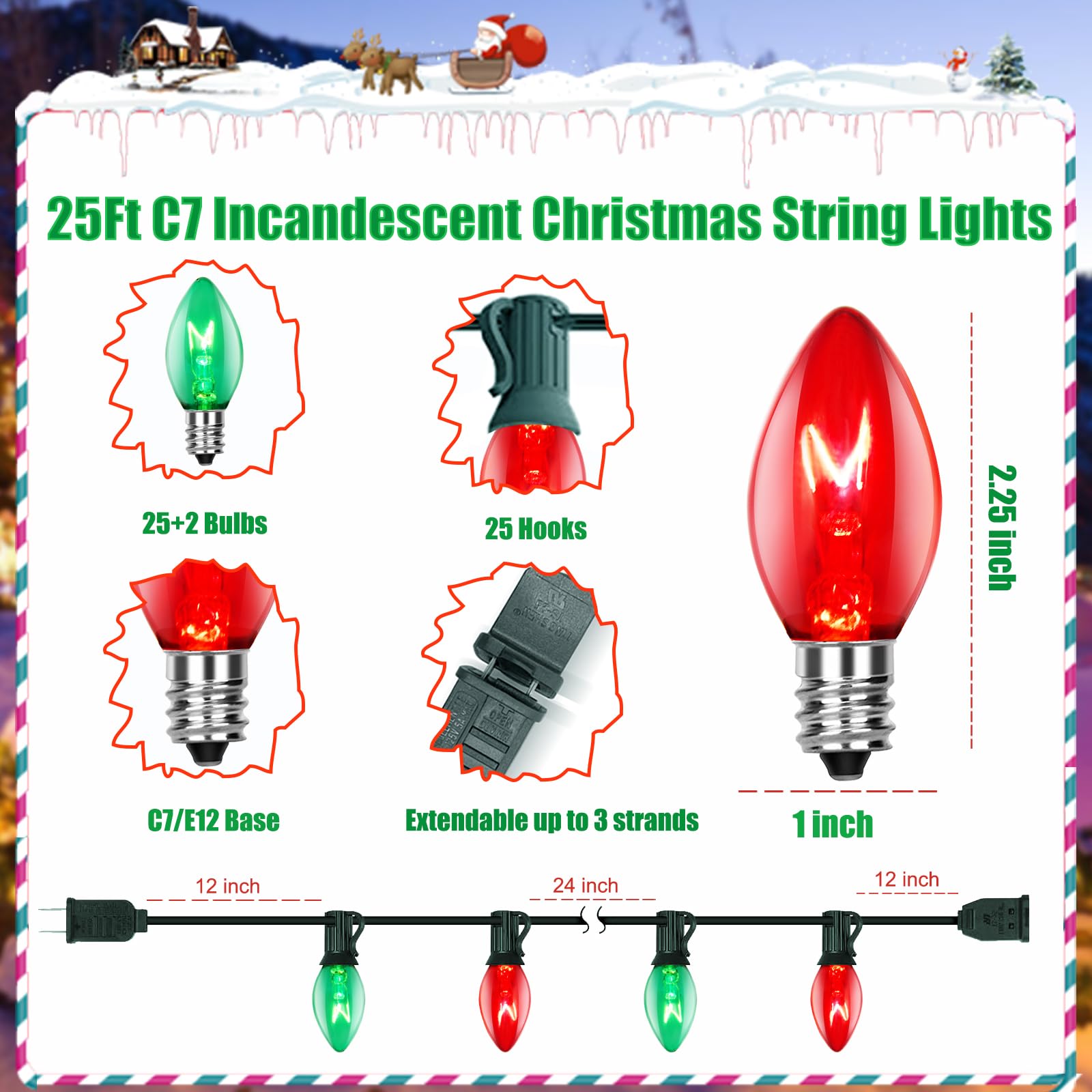 C7 Red And Green Christmas Lights Outdoor, 25Ft Outdoor Christmas Decorations String Lights With 27 Incandescent Bulbs, Vintage