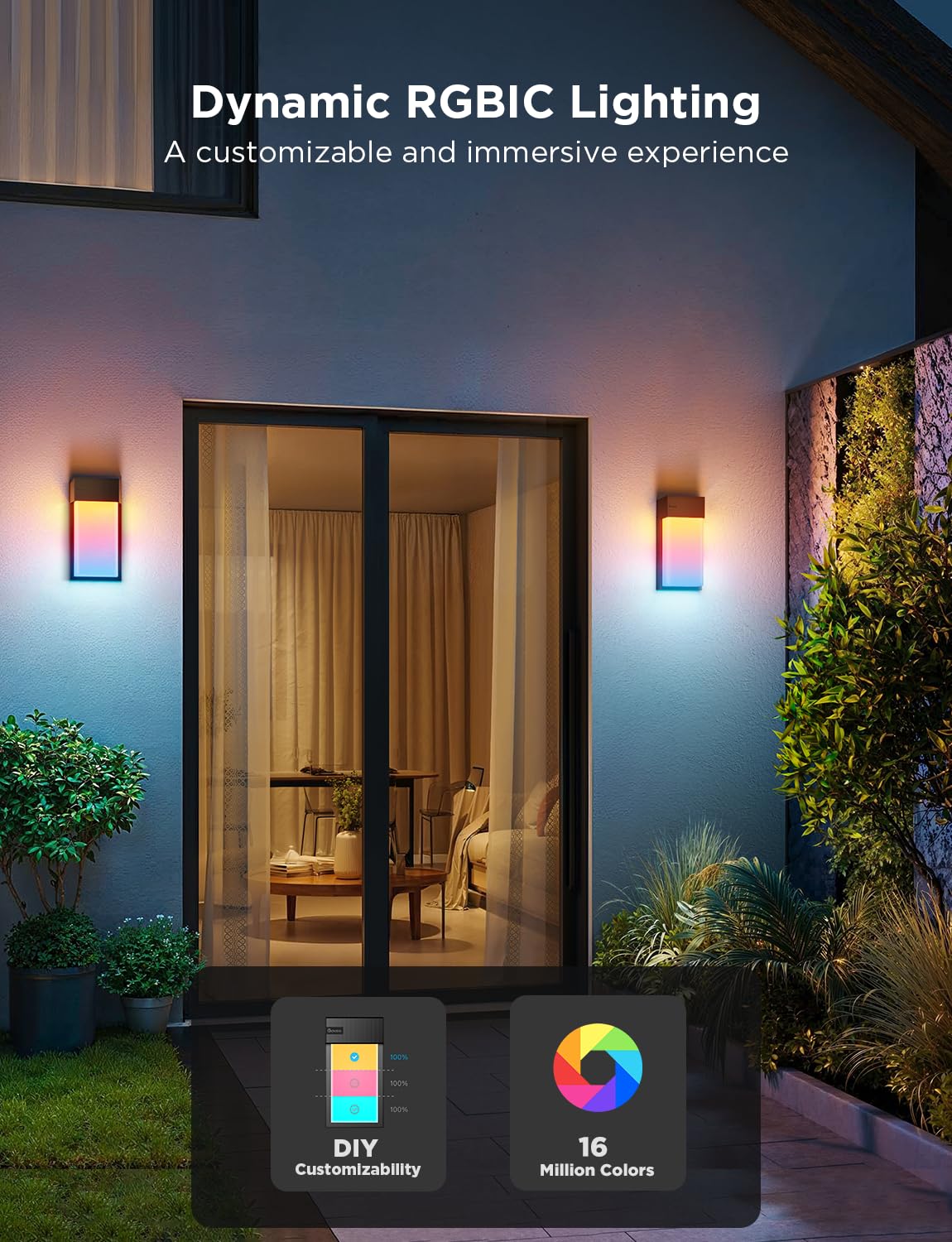 Govee Outdoor Wall Light - 1500LM Smart RGBIC, IP65 Waterproof, 45 Scene Modes, Black, Model H7075, 2 Pack